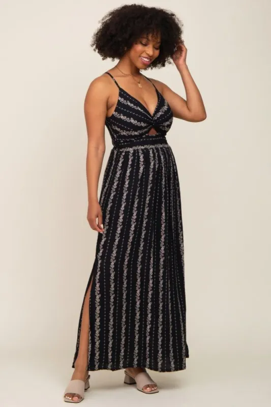 Black Floral Front Cutout Side Slit Maxi Dress sold by Pinkblush
