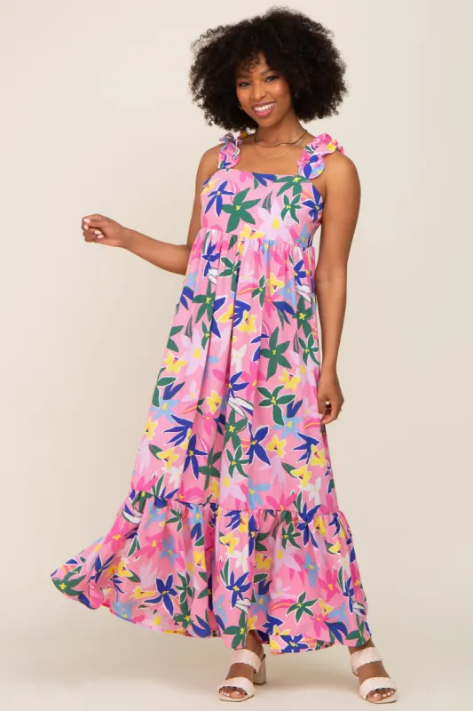 Pink Floral Ruffle Back Tie Maxi Dress sold by Pinkblush