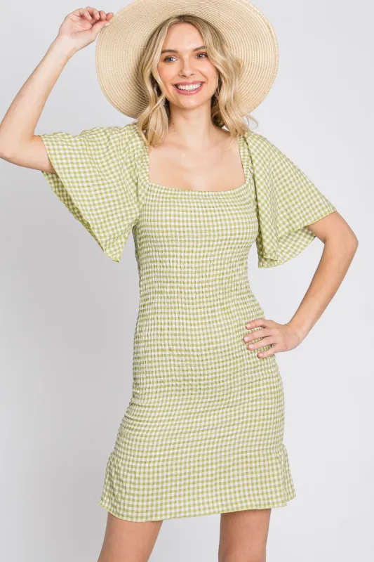 Light Olive Gingham Smocked Mini Dress sold by Pinkblush