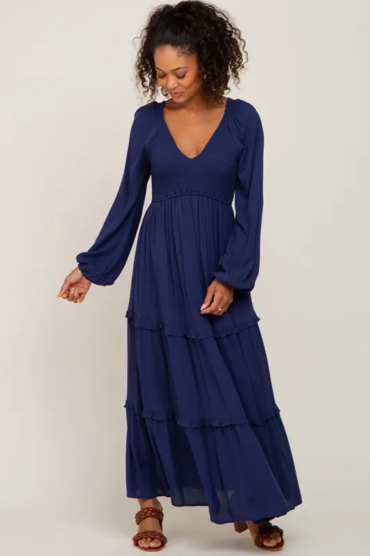 Navy Blue Smocked Tiered Midi Dress sold by Pinkblush