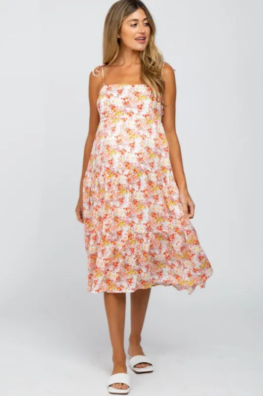 Ivory Floral Print Shoulder Tie Maternity Midi Dress sold by Pinkblush