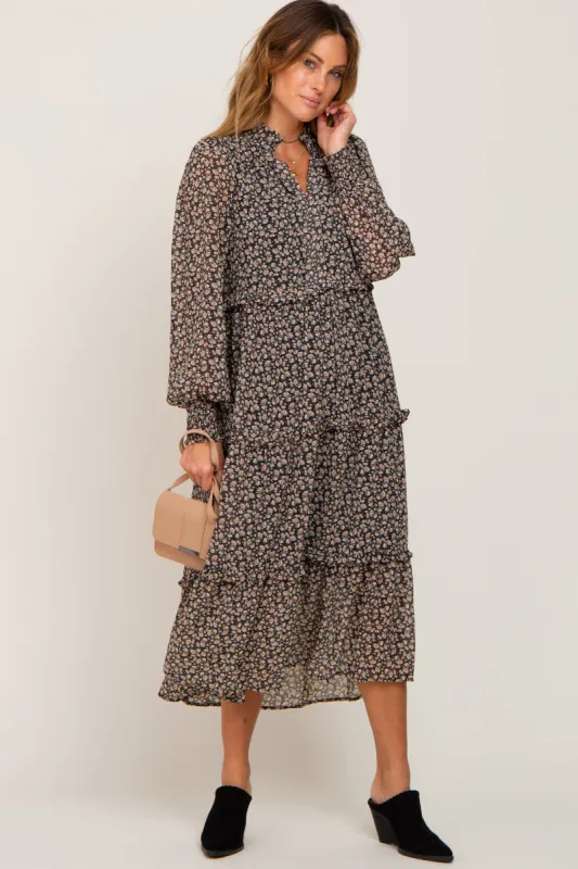 Black Floral Ruffle Tiered Midi Dress sold by Pinkblush