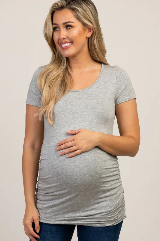 PinkBlush Grey Ruched Short Sleeve Maternity Top sold by Pinkblush