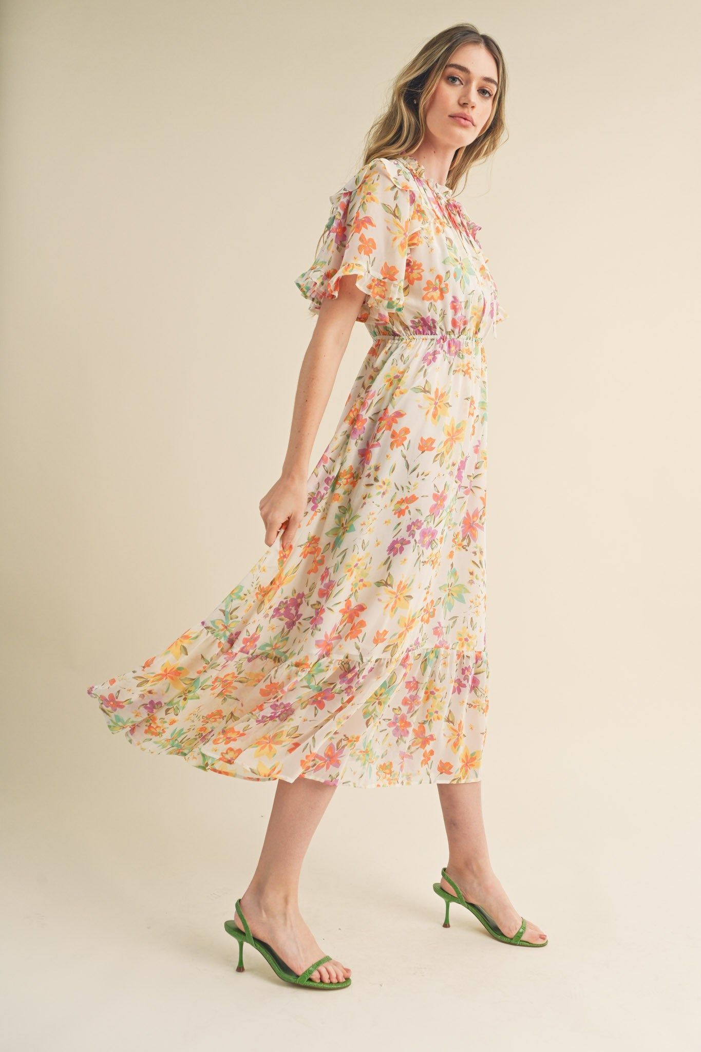 Ivory Floral Ruffle Accent Midi Dress sold by Pinkblush product image thumbnail 2