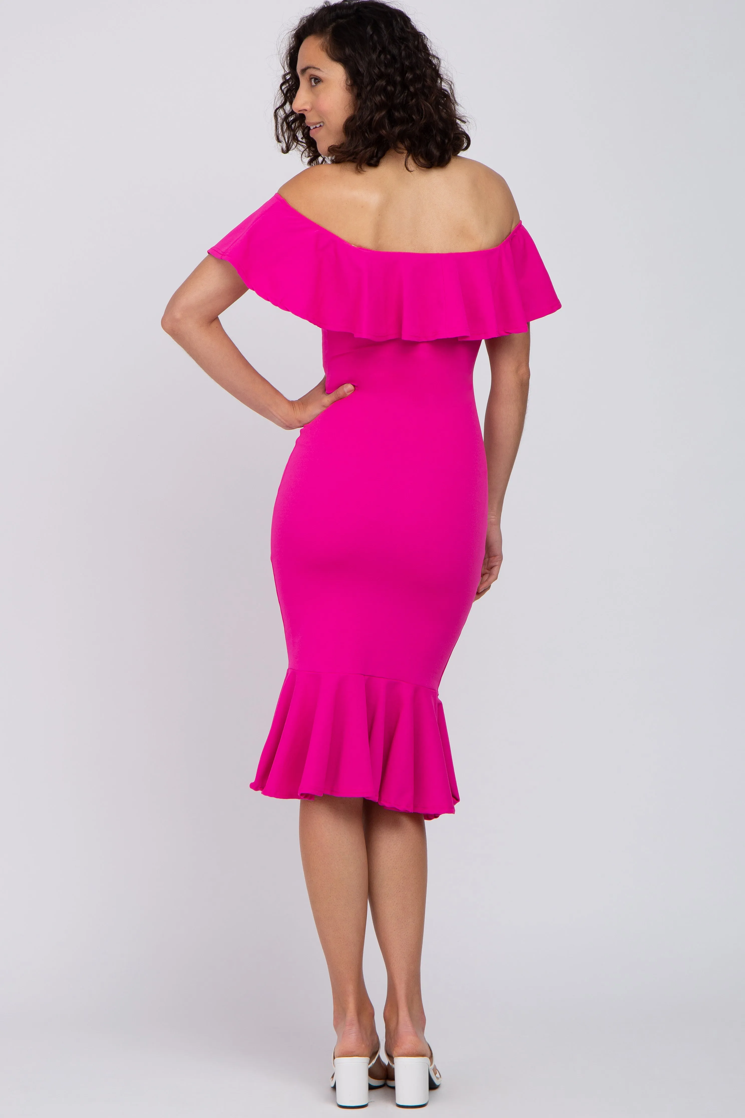 Fuchsia Ruffle Off Shoulder Mermaid Hem Dress sold by Pinkblush product image thumbnail 3