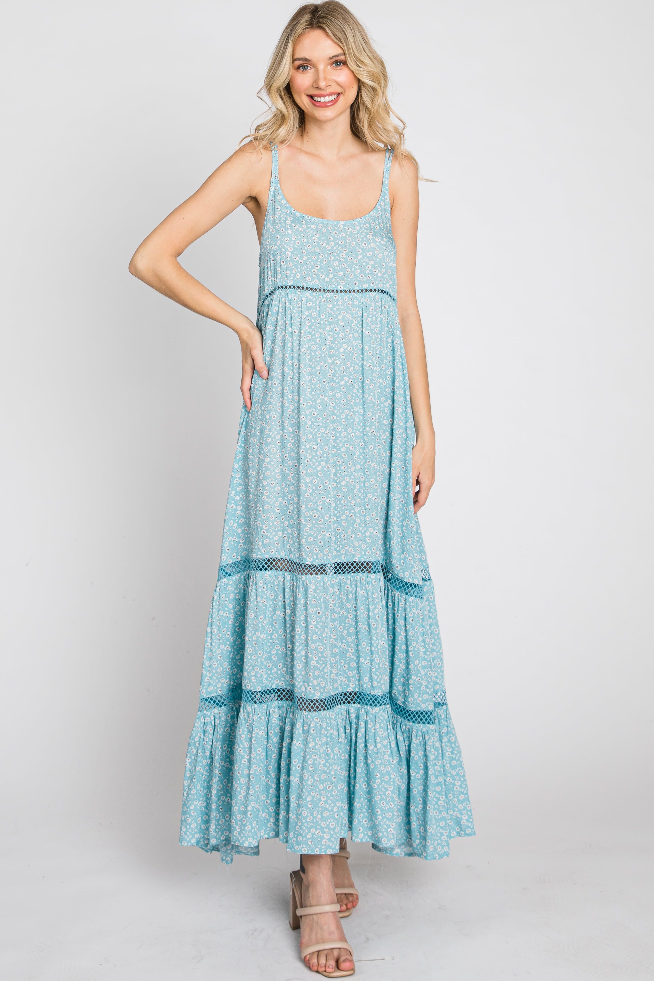 Light Blue Ditsy Floral Crochet Accent Maxi Dress sold by Pinkblush product image thumbnail 3