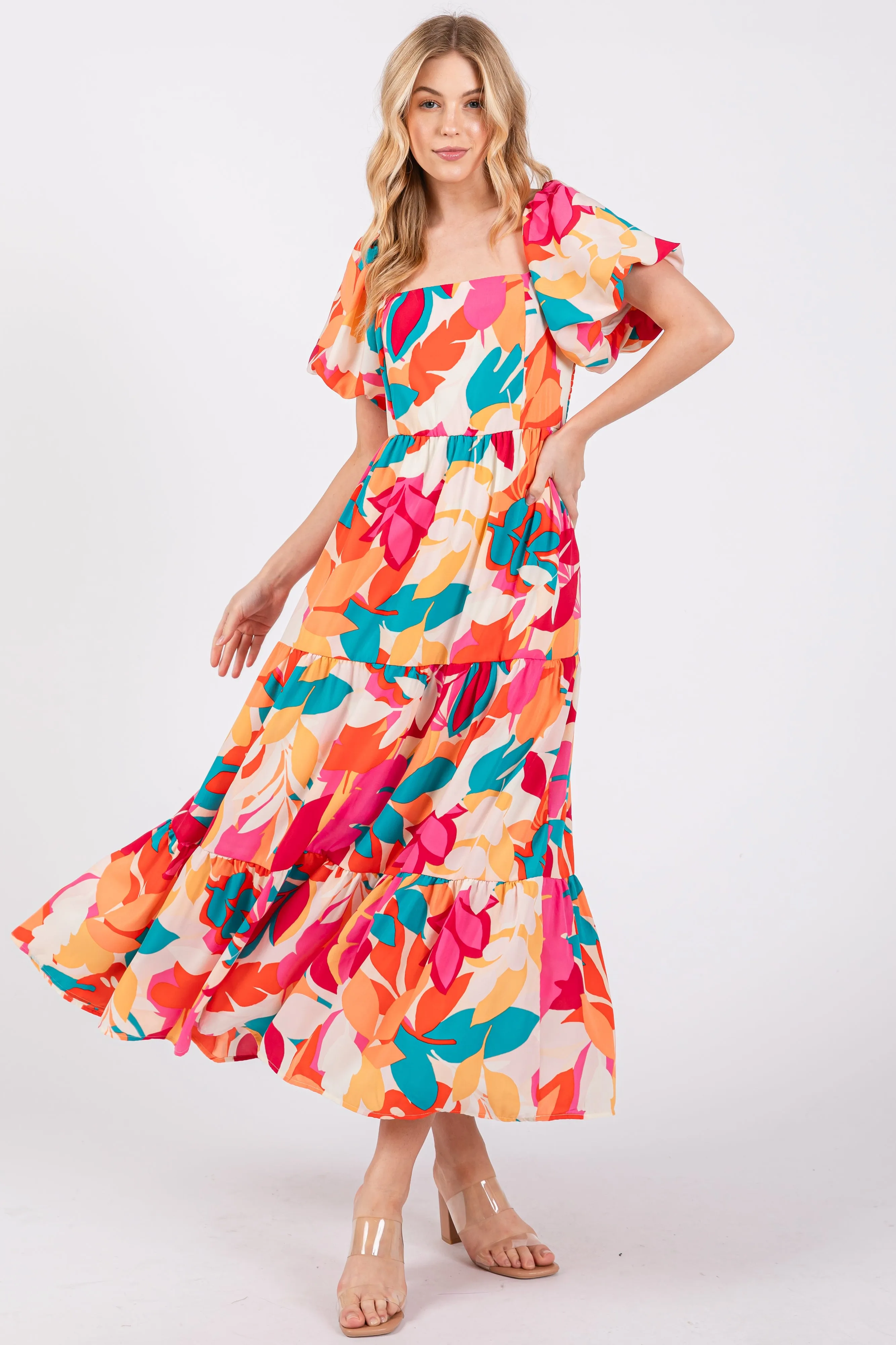 Fuchsia Leaf Print Maxi Dress sold by Pinkblush