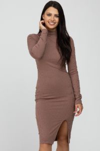 Mocha Ribbed Mock Neck Front Slit Dress sold by Pinkblush