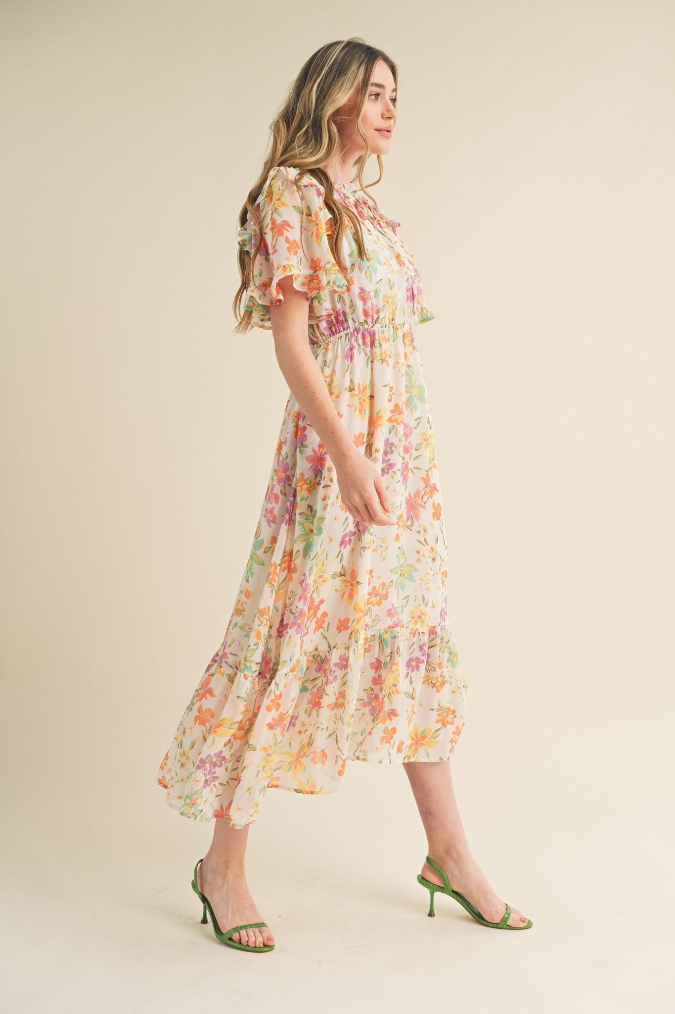 Ivory Floral Ruffle Accent Midi Dress sold by Pinkblush product image thumbnail 3