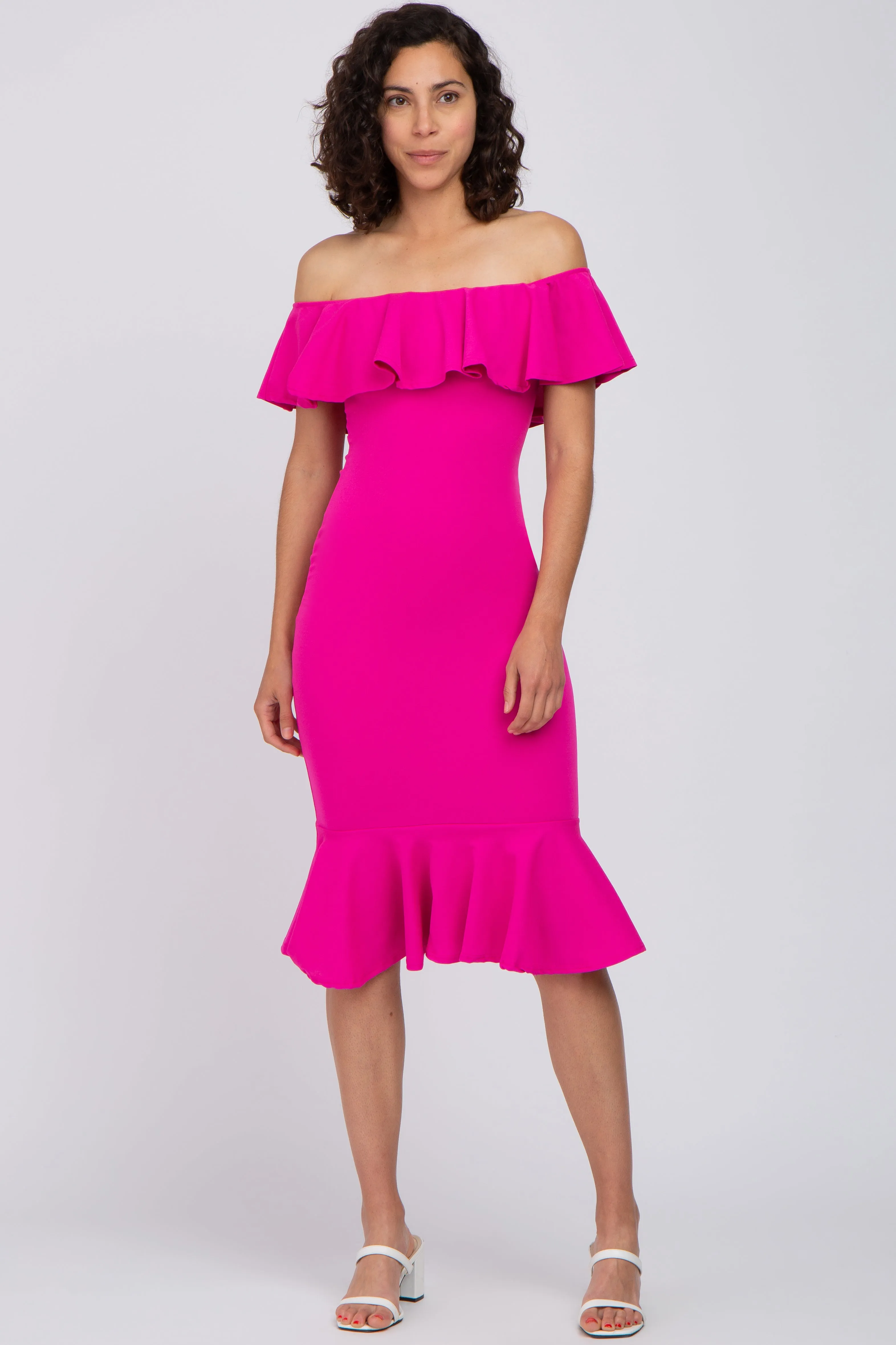 Fuchsia Ruffle Off Shoulder Mermaid Hem Dress sold by Pinkblush