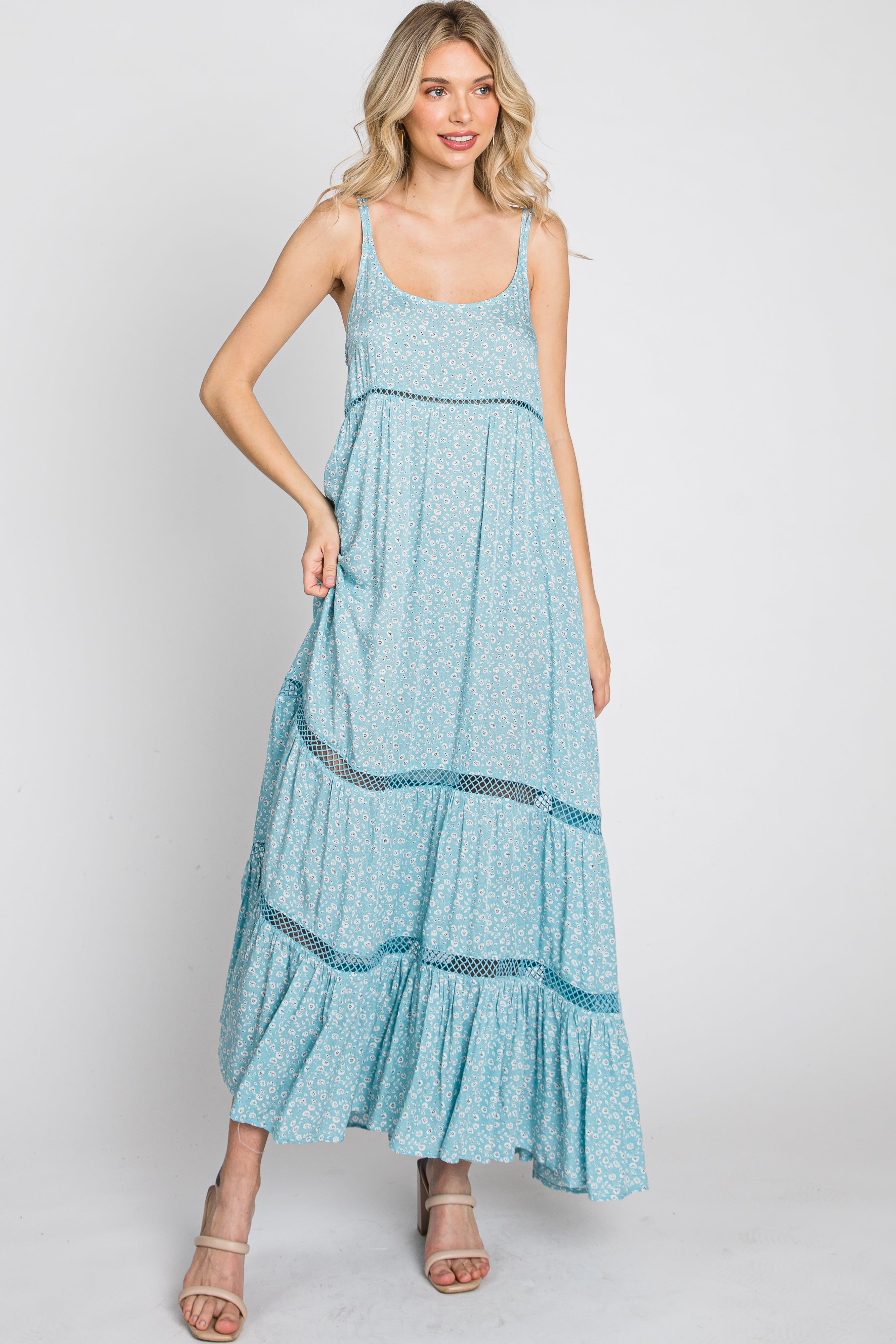 Light Blue Ditsy Floral Crochet Accent Maxi Dress sold by Pinkblush product image thumbnail 4