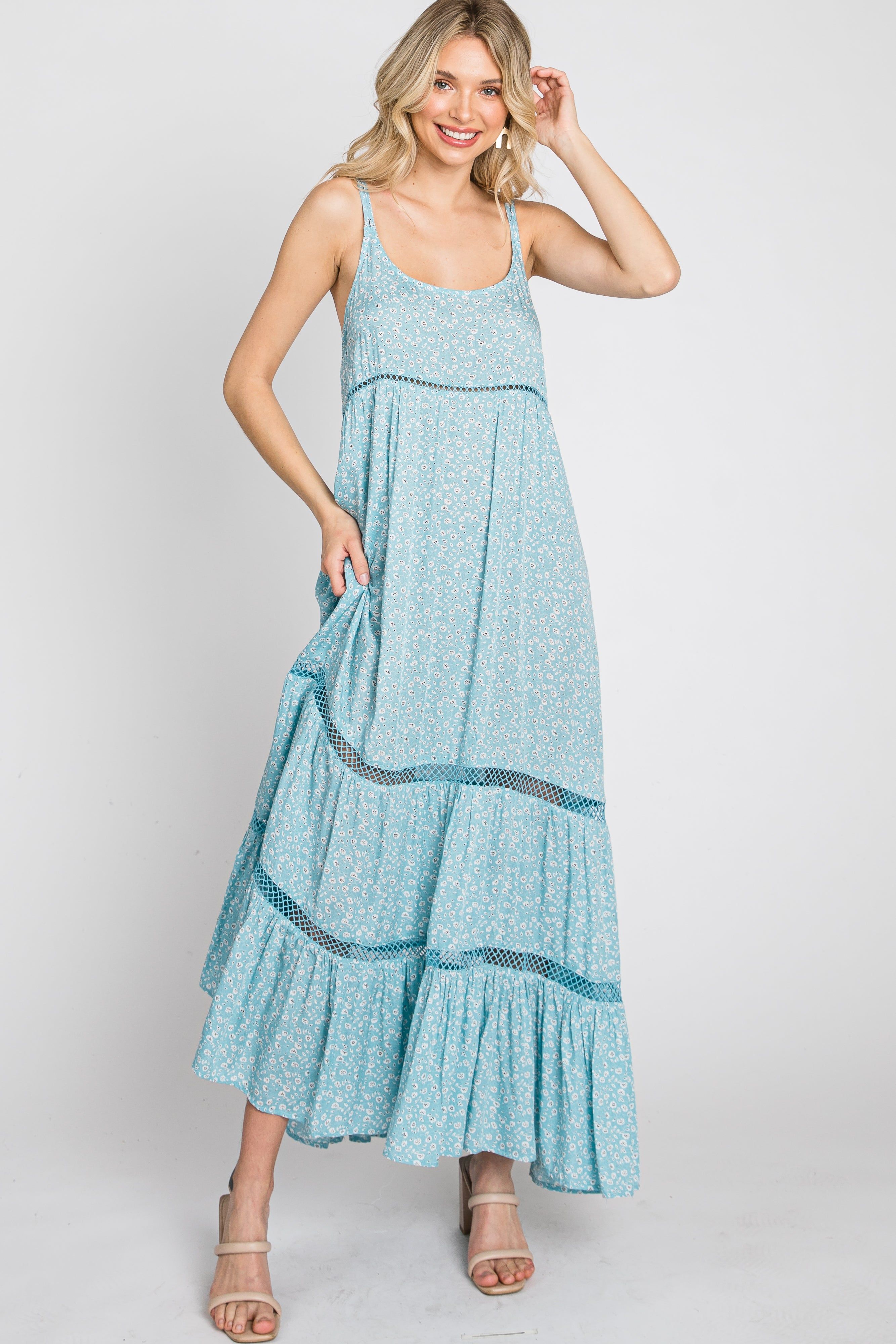 Light Blue Ditsy Floral Crochet Accent Maxi Dress sold by Pinkblush