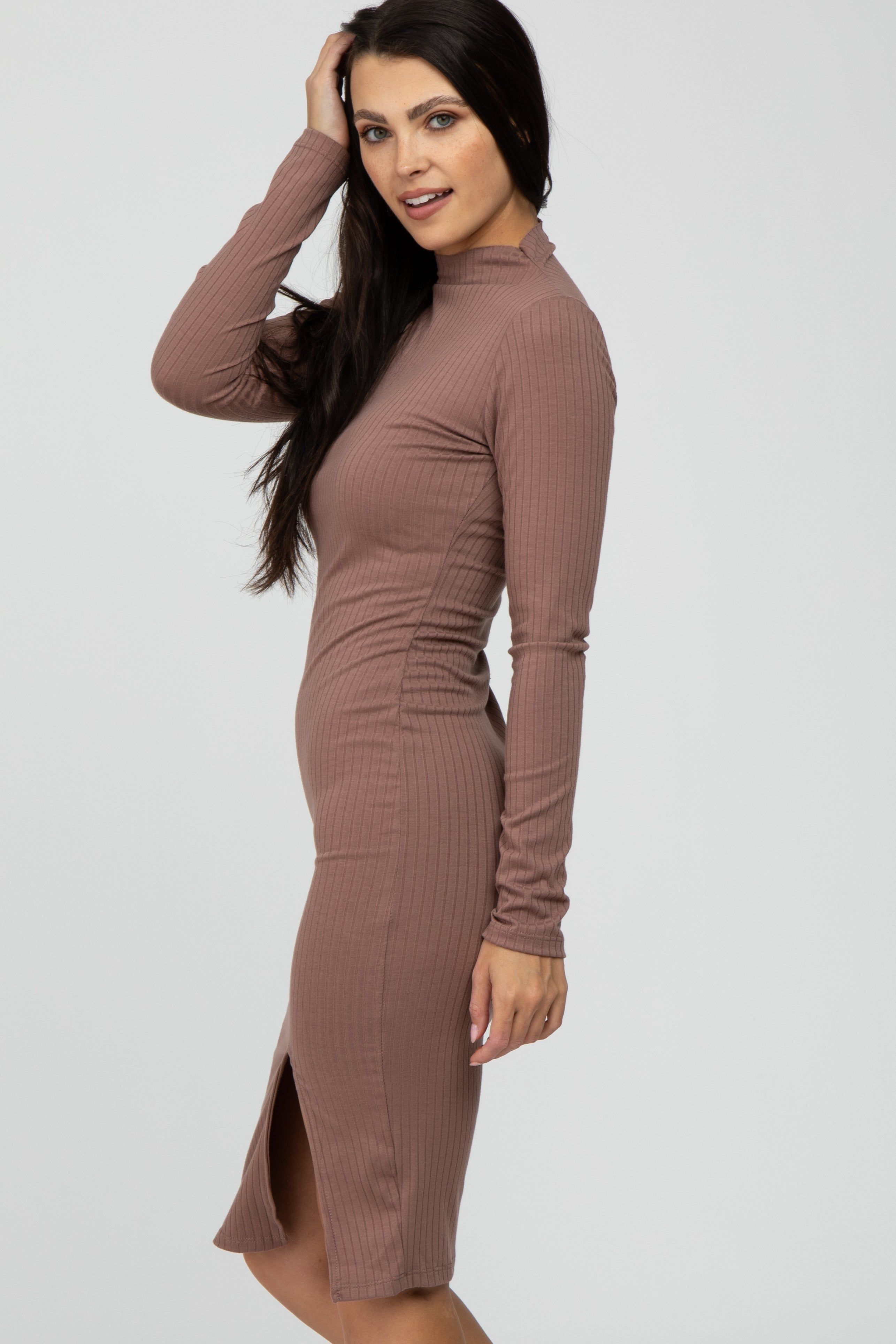 Mocha Ribbed Mock Neck Front Slit Dress sold by Pinkblush product image thumbnail 3