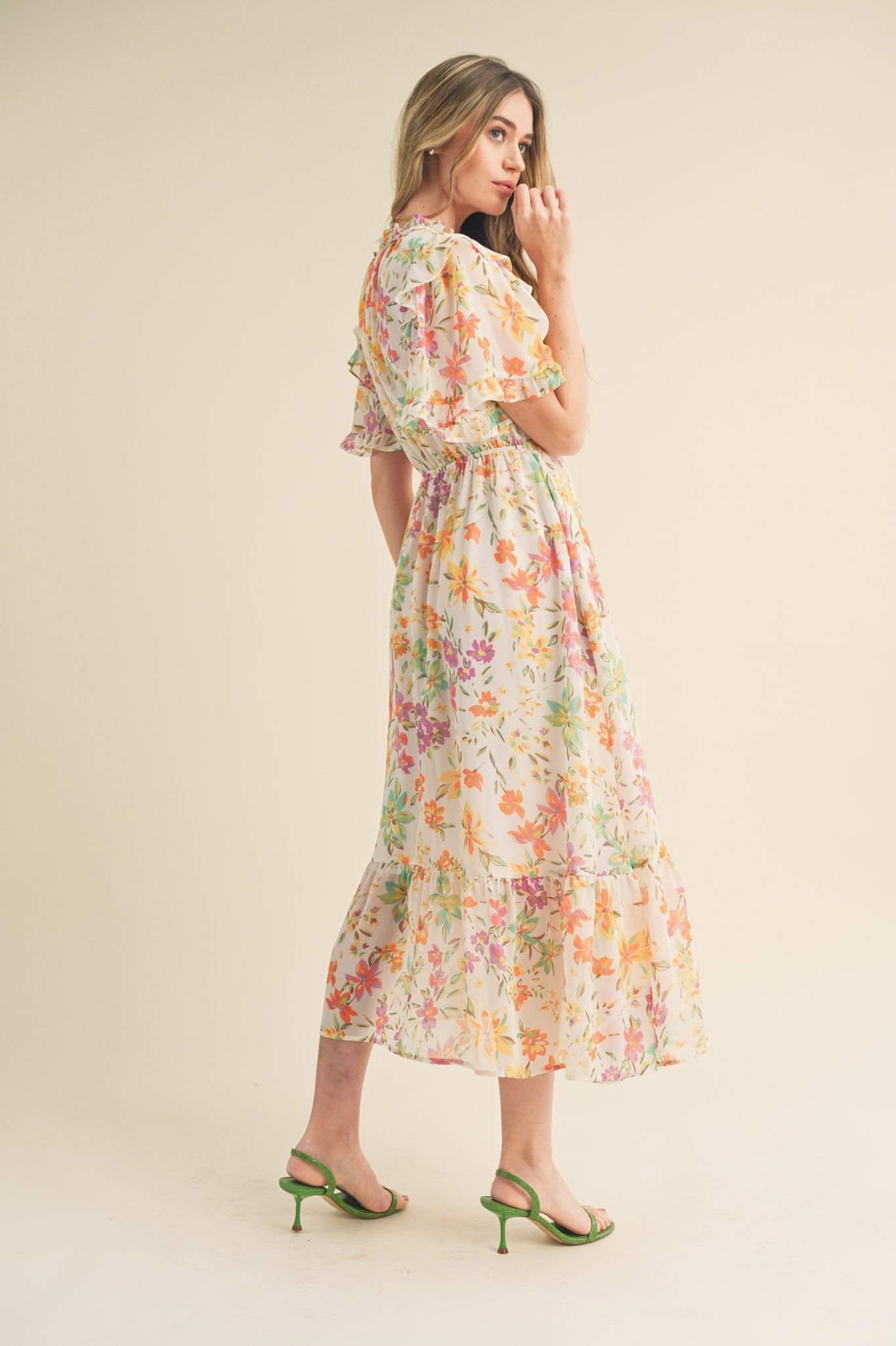 Ivory Floral Ruffle Accent Midi Dress sold by Pinkblush product image thumbnail 4
