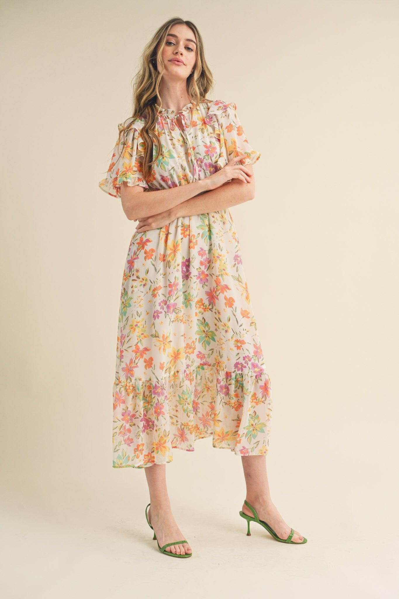 Ivory Floral Ruffle Accent Midi Dress sold by Pinkblush
