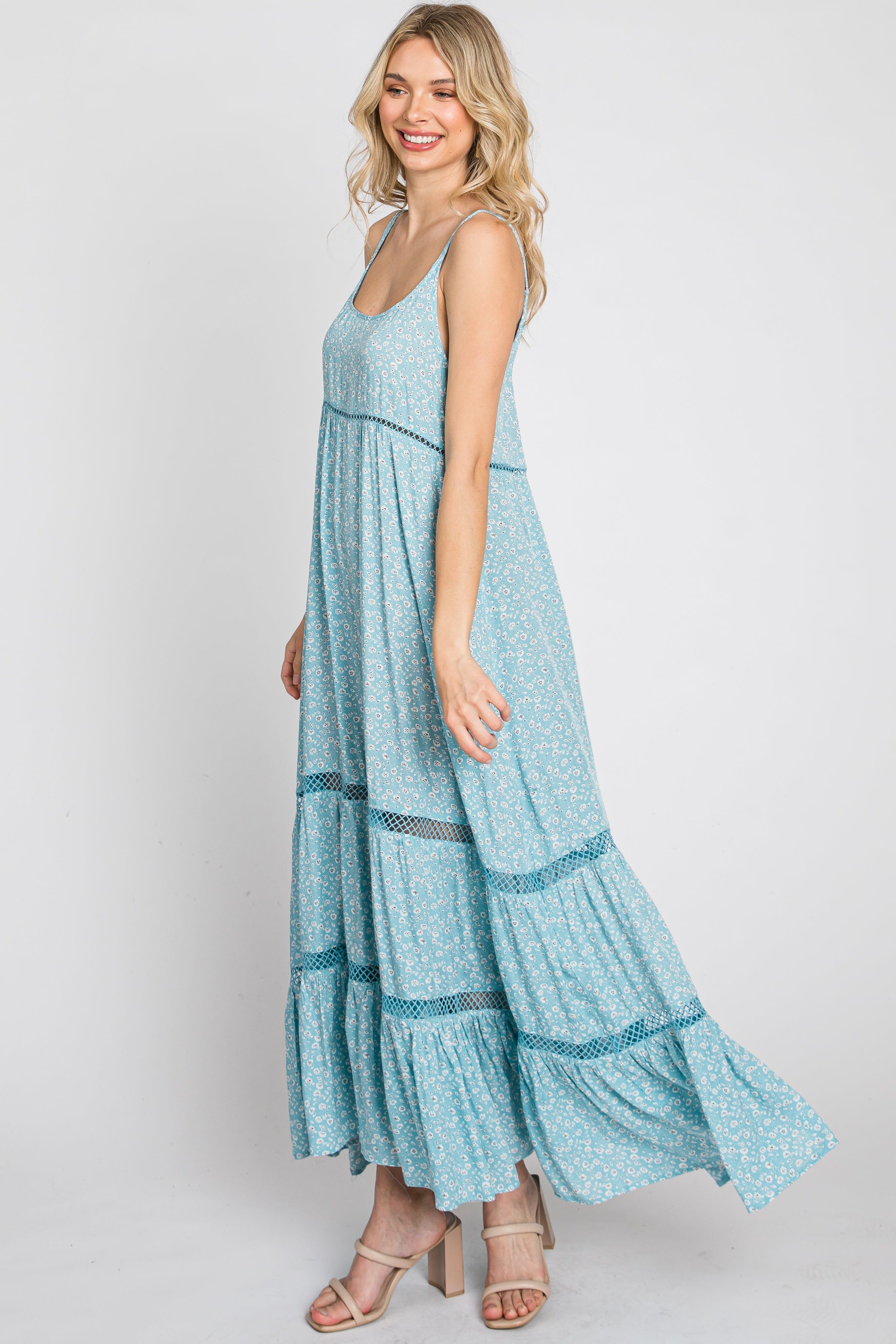 Light Blue Ditsy Floral Crochet Accent Maxi Dress sold by Pinkblush product image thumbnail 5