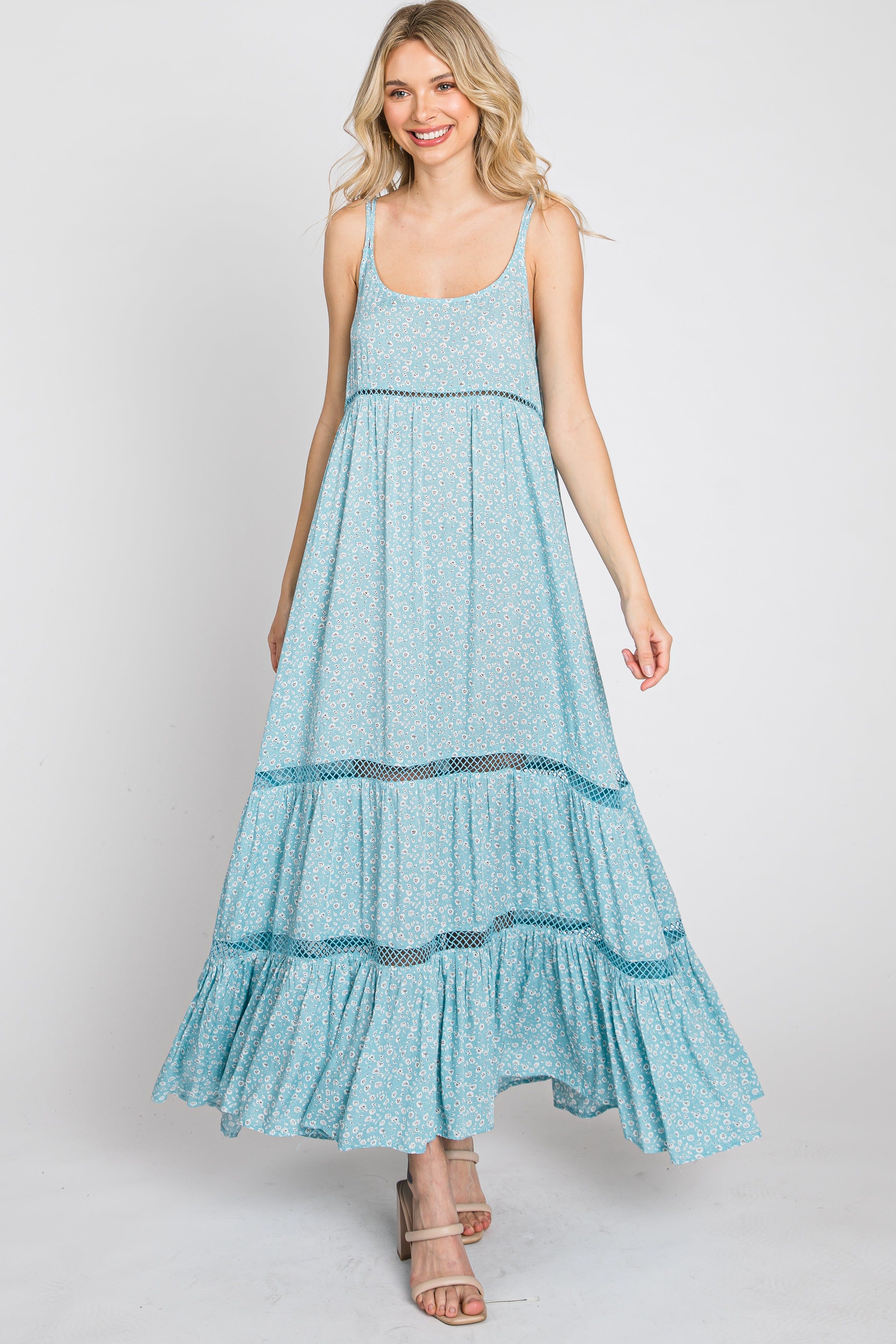 Light Blue Ditsy Floral Crochet Accent Maxi Dress sold by Pinkblush product image thumbnail 2