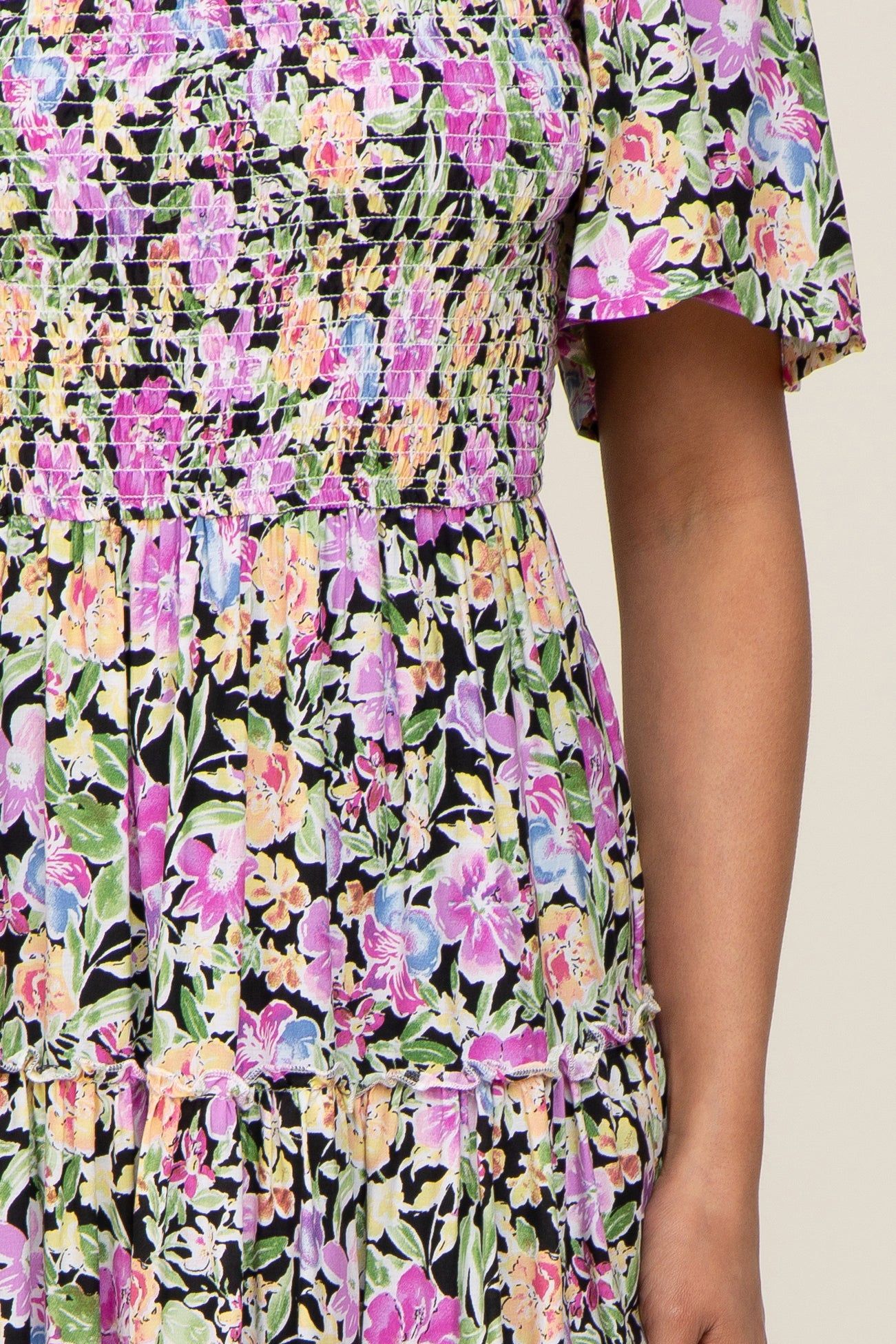 Black Floral Smocked Ruffle Tier Maxi Dress sold by Pinkblush product image thumbnail 4