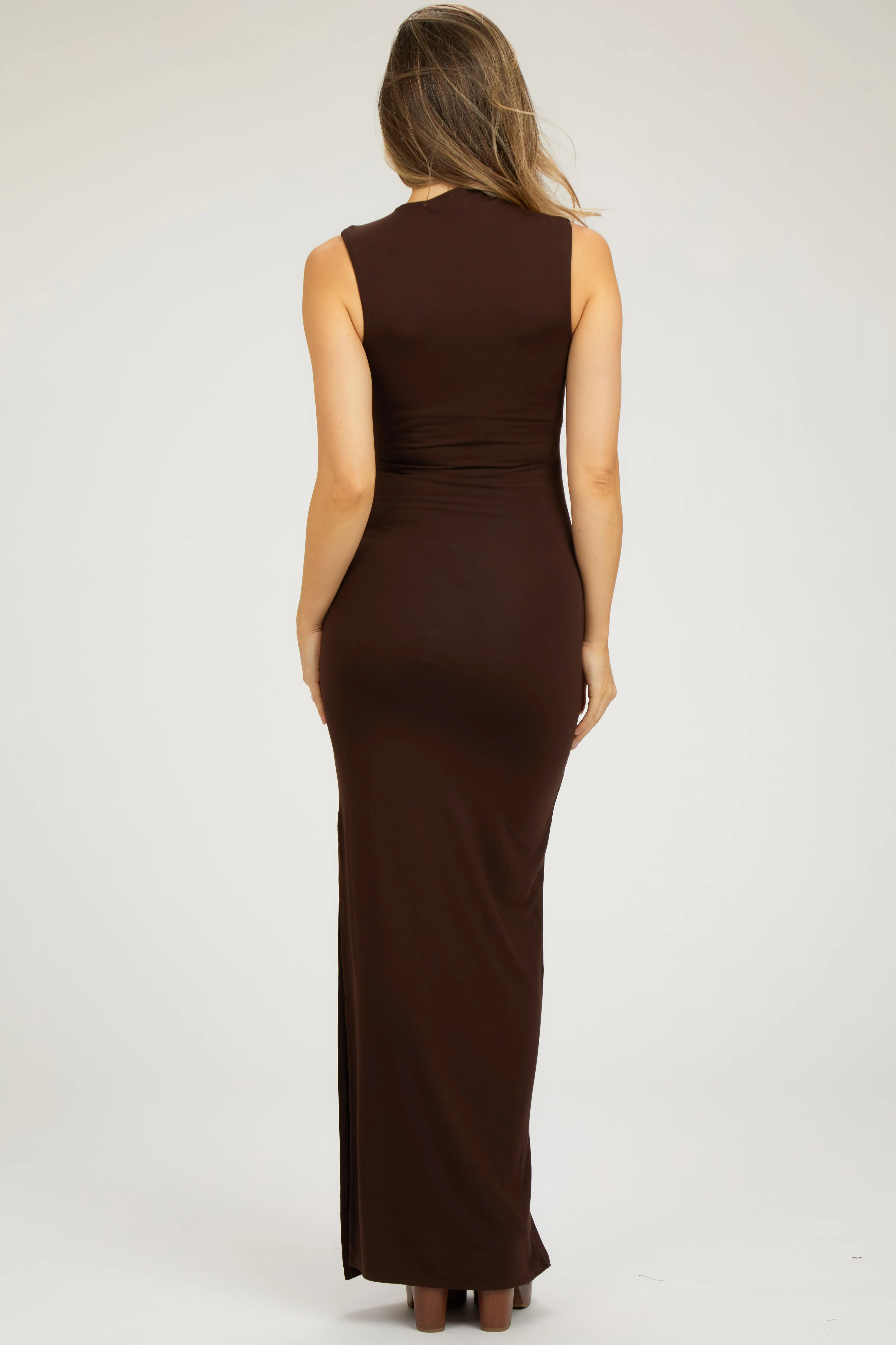 Brown Asymmetrical Neck Side Slit Maternity Maxi Dress sold by Pinkblush product image thumbnail 3