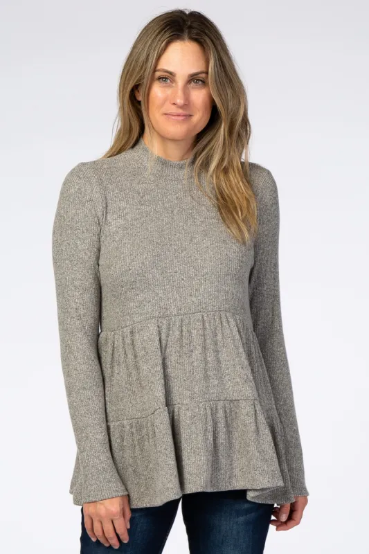 Taupe Soft Ribbed Tiered Mock Neck Top sold by Pinkblush