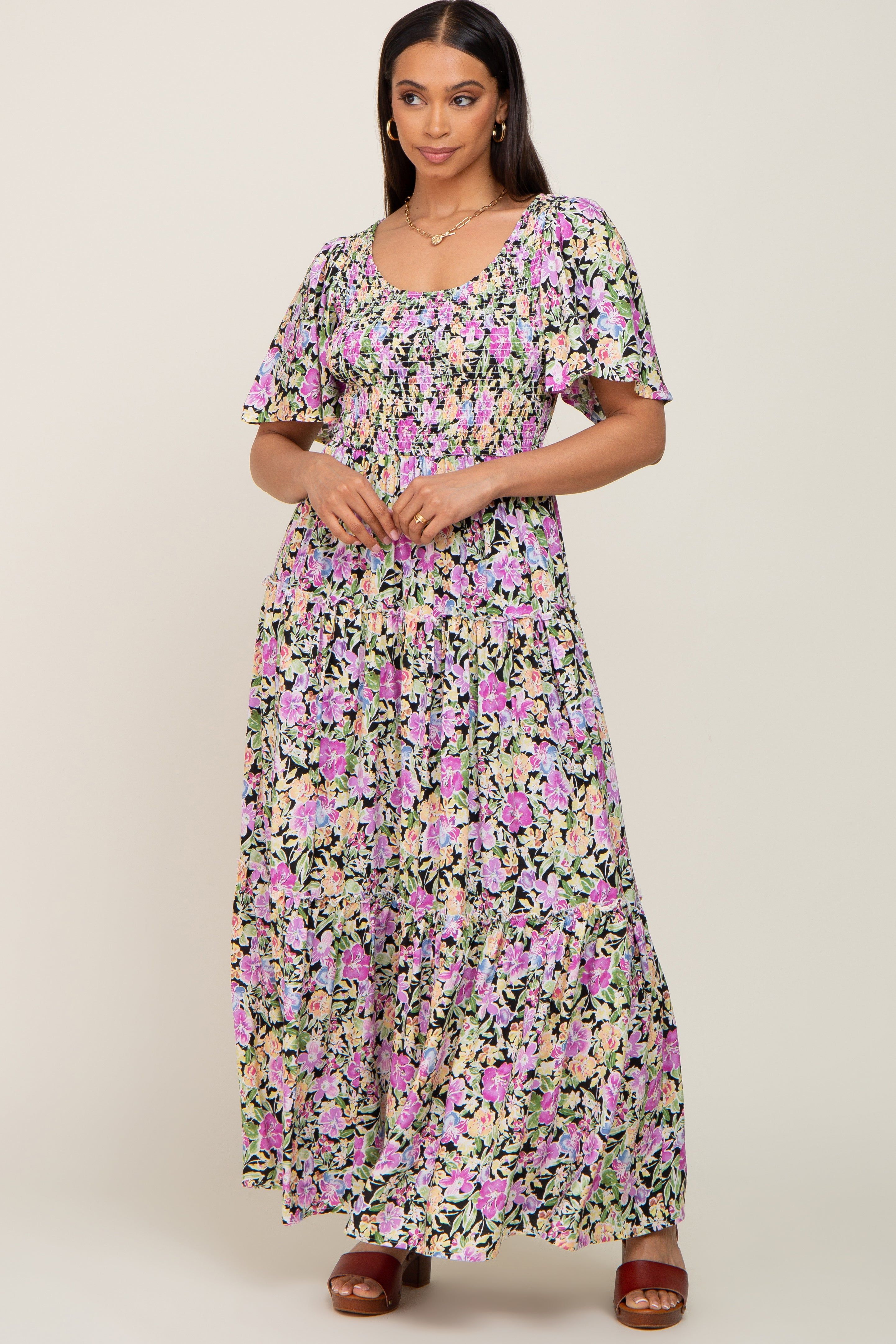 Black Floral Smocked Ruffle Tier Maxi Dress sold by Pinkblush product image thumbnail 5