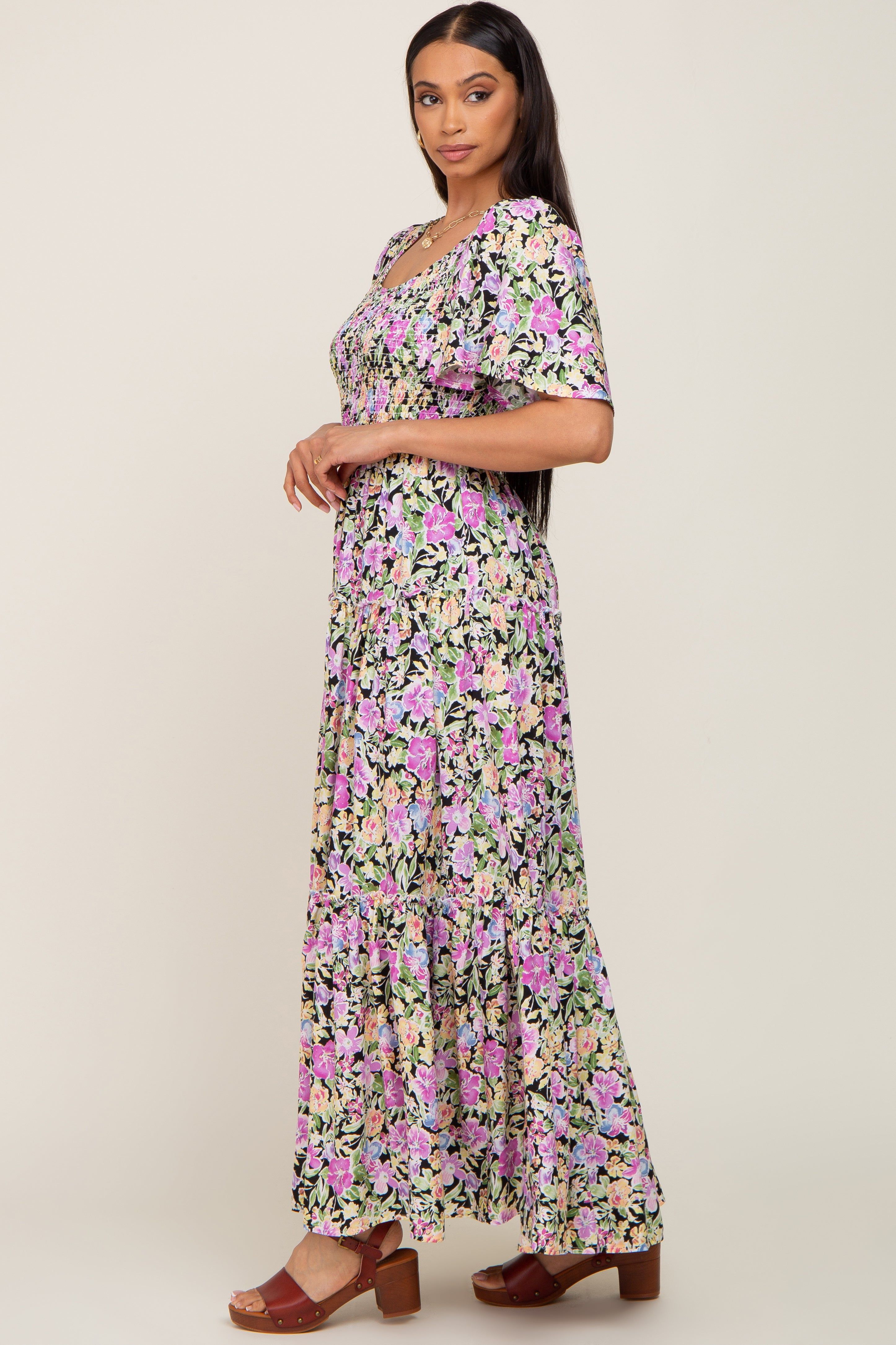 Black Floral Smocked Ruffle Tier Maxi Dress sold by Pinkblush product image thumbnail 2