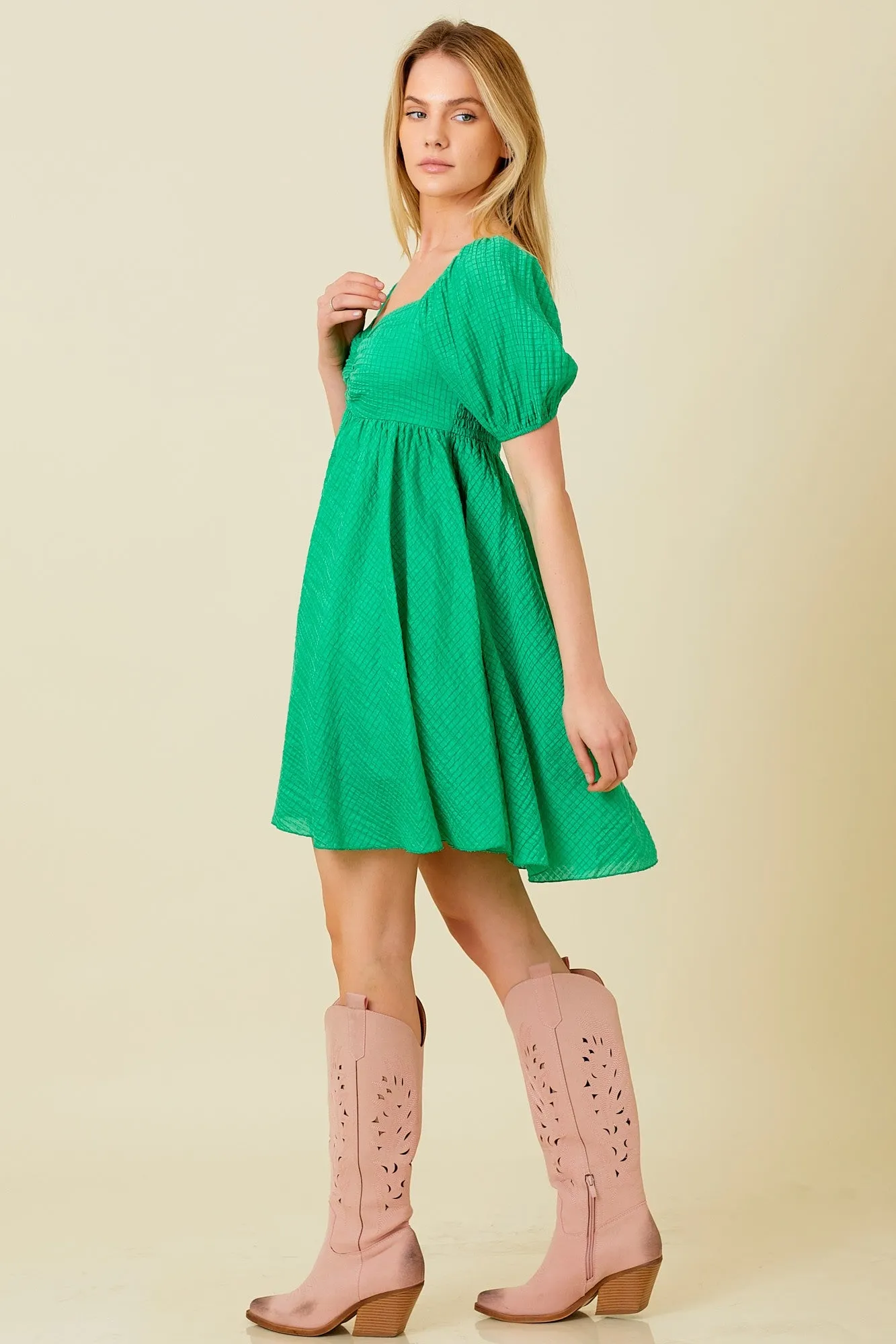 Green Textured Puff Sleeve Sweetheart Neckline Dress sold by Pinkblush product image thumbnail 3