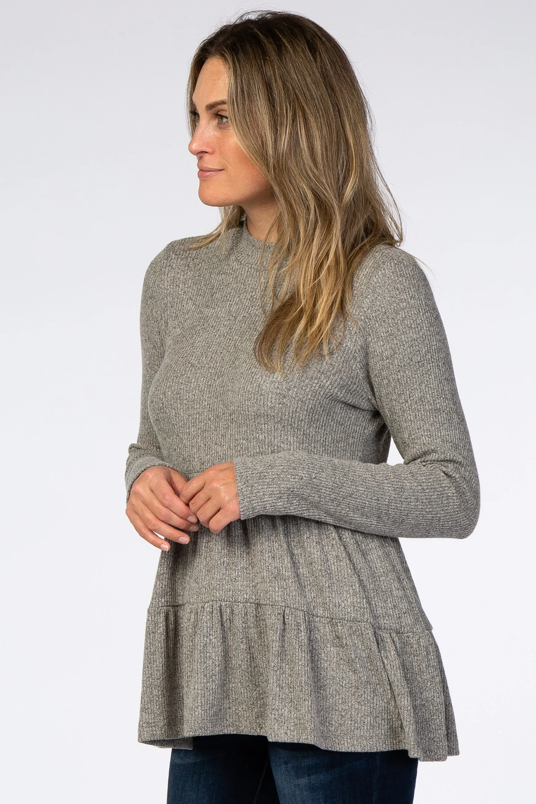 Taupe Soft Ribbed Tiered Mock Neck Top sold by Pinkblush product image thumbnail 2