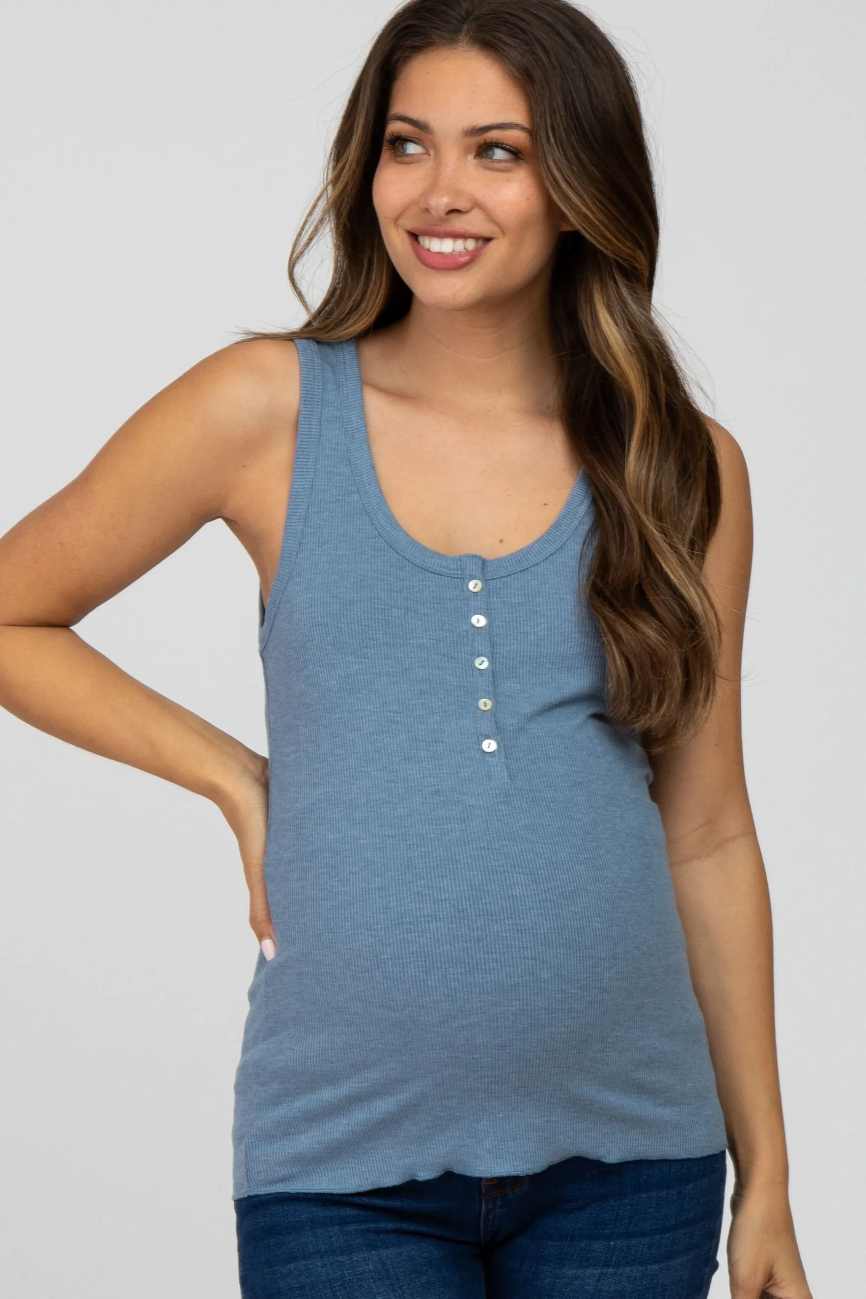 Blue Ribbed Button Front Maternity Tank Top sold by Pinkblush
