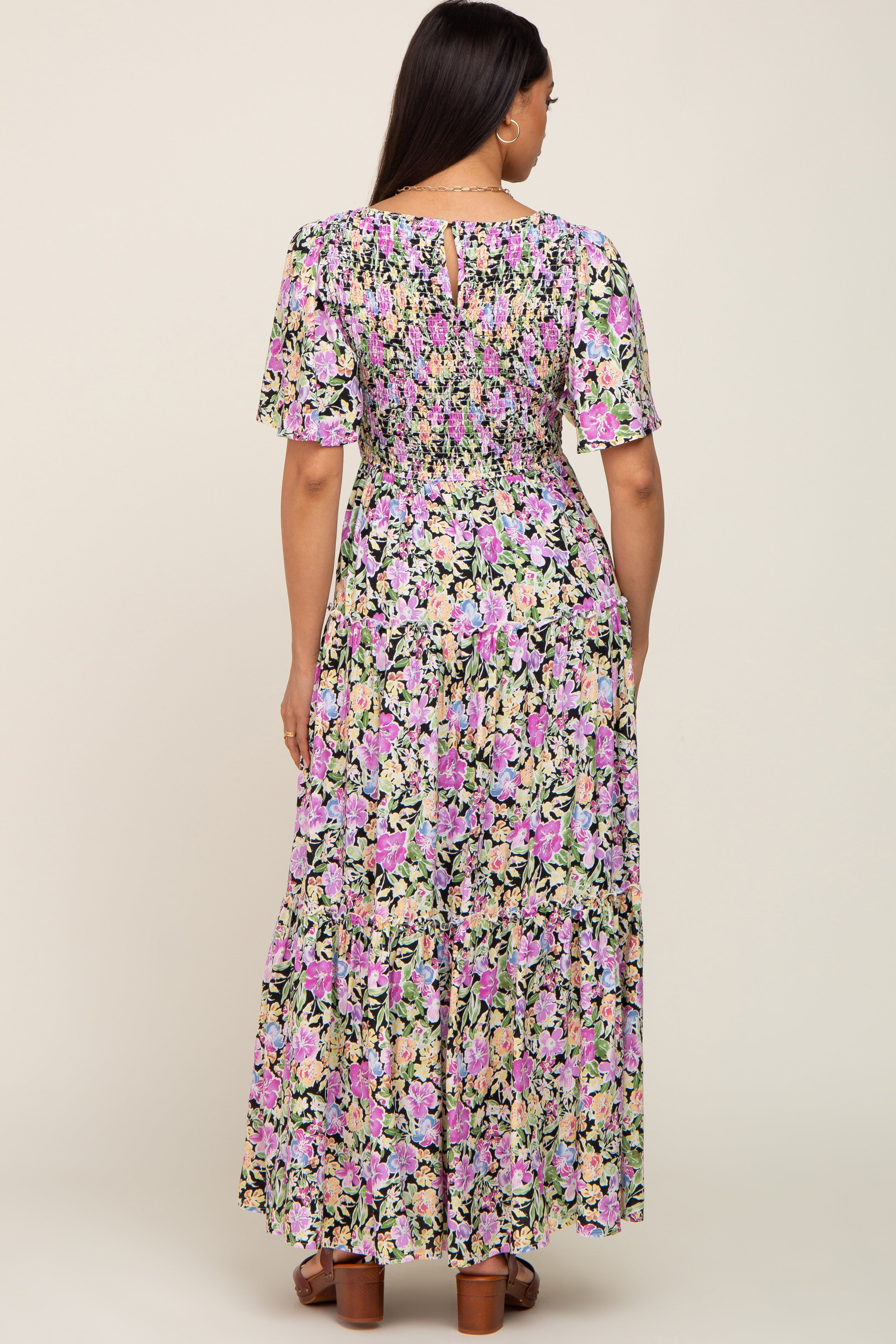 Black Floral Smocked Ruffle Tier Maxi Dress sold by Pinkblush product image thumbnail 3