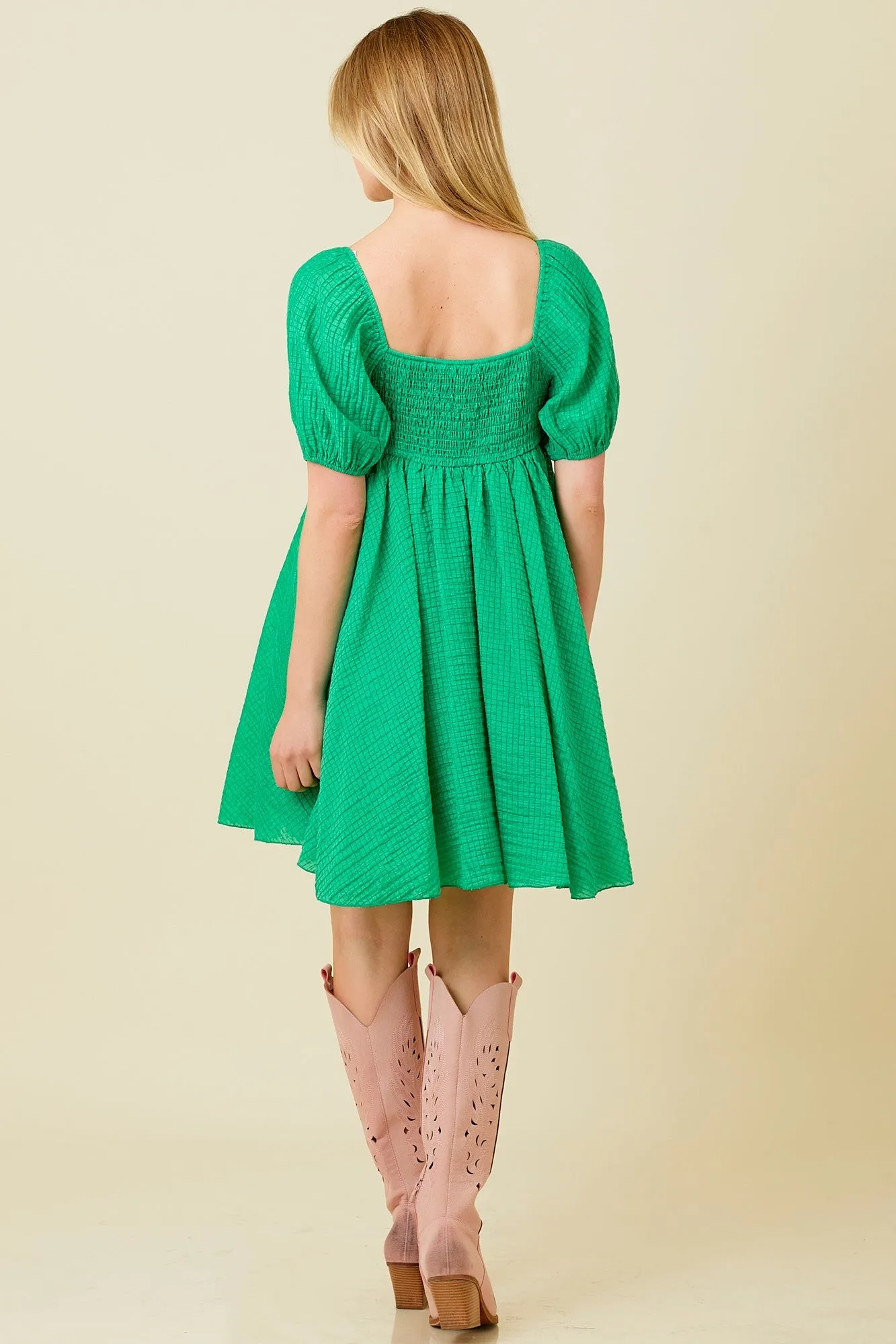 Green Textured Puff Sleeve Sweetheart Neckline Dress sold by Pinkblush product image thumbnail 4
