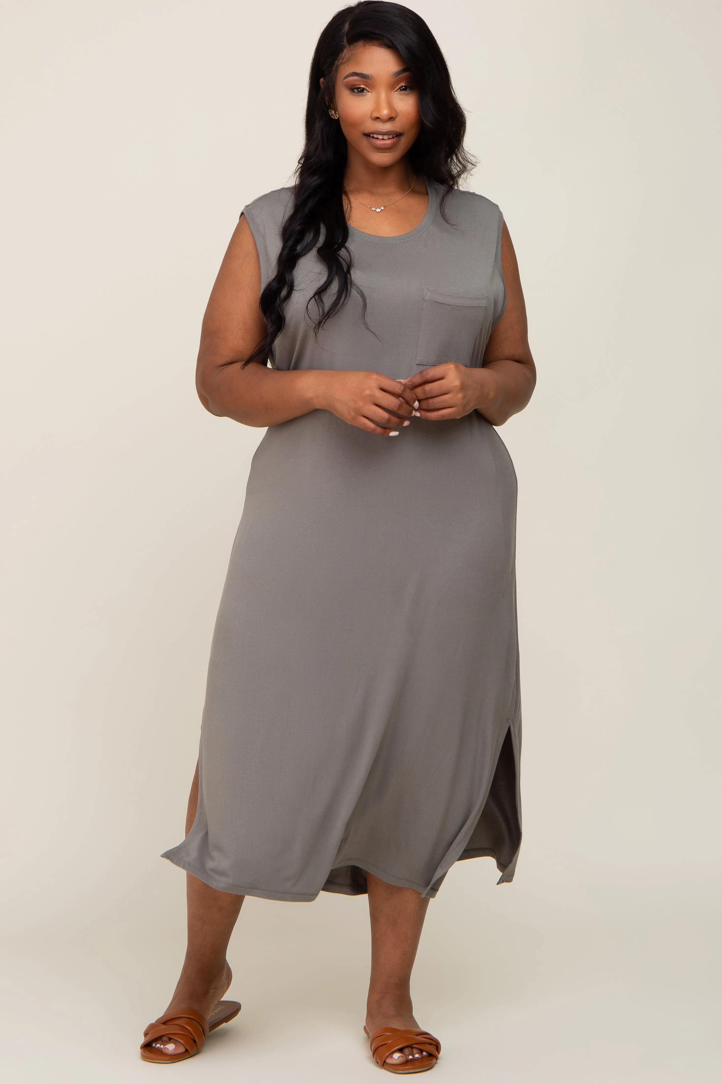 Olive Sleeveless Front Pocket Plus Midi Dress sold by Pinkblush product image thumbnail 4