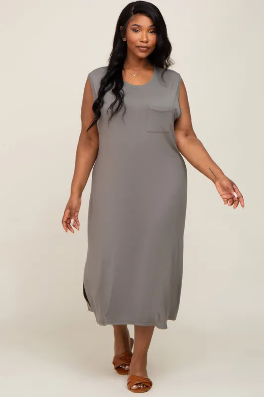 Olive Sleeveless Front Pocket Plus Midi Dress sold by Pinkblush