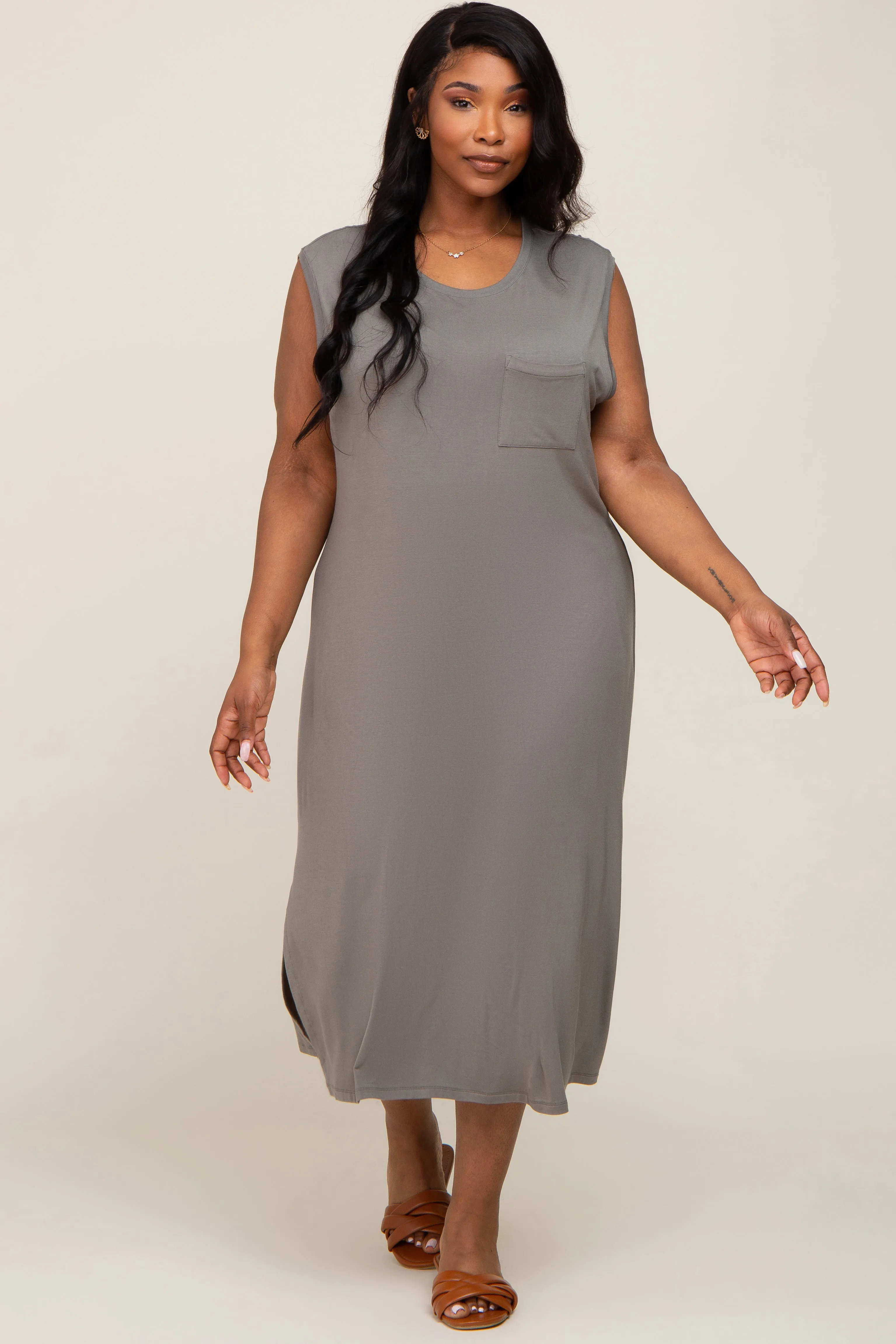 Olive Sleeveless Front Pocket Plus Midi Dress sold by Pinkblush