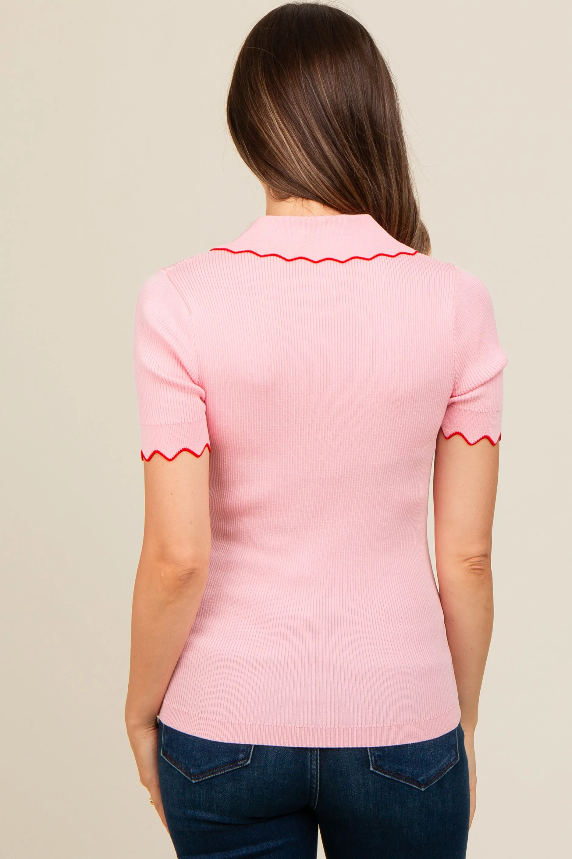 Pink Ribbed Scallop Trim Split V-Neck Short Sleeve Maternity Top sold by Pinkblush product image thumbnail 3