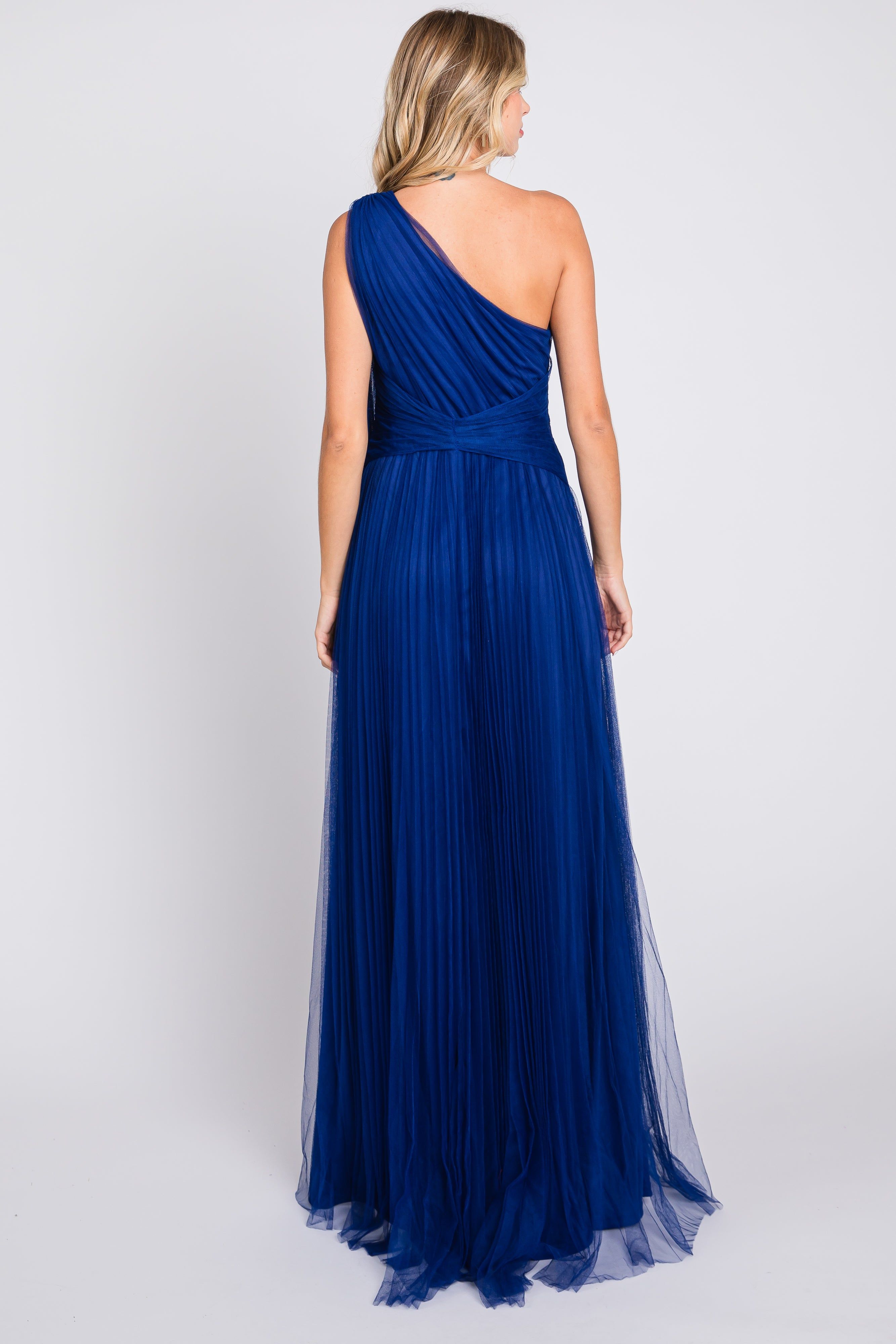Royal Blue One Shoulder Pleated Mesh Gown sold by Pinkblush product image thumbnail 3