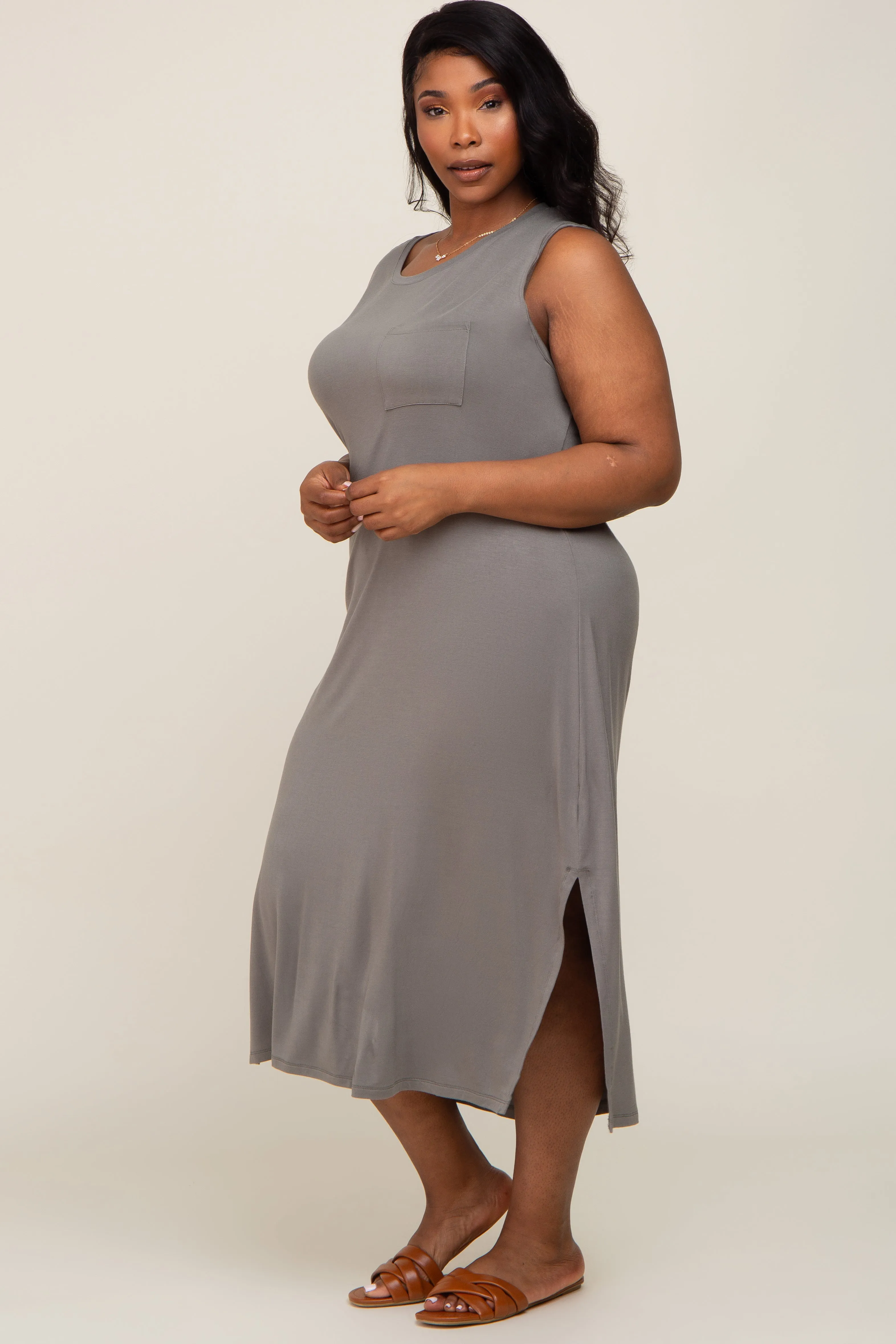 Olive Sleeveless Front Pocket Plus Midi Dress sold by Pinkblush product image thumbnail 2