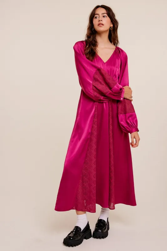 Magenta V-Neck Pleated Maxi Dress With Lace Detailing sold by Pinkblush