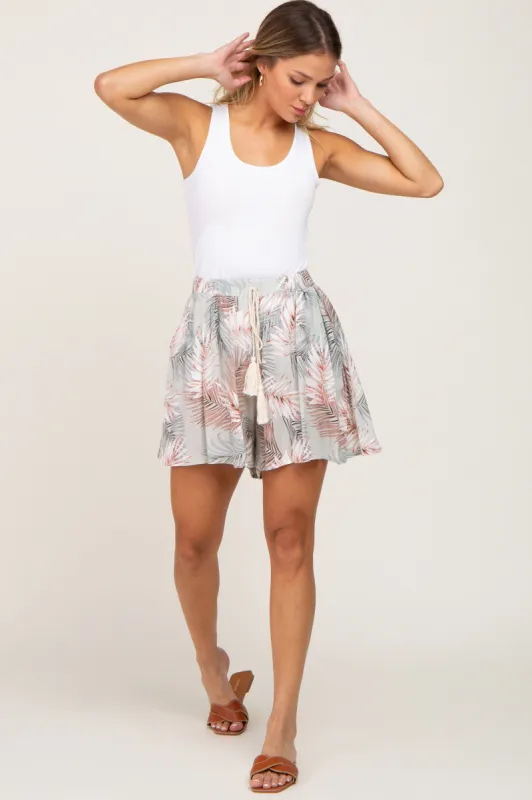 Light Olive Palm Print Drawstring Accent Shorts sold by Pinkblush