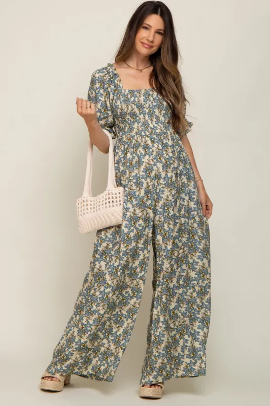 Cream Floral Smocked Maternity Jumpsuit sold by Pinkblush