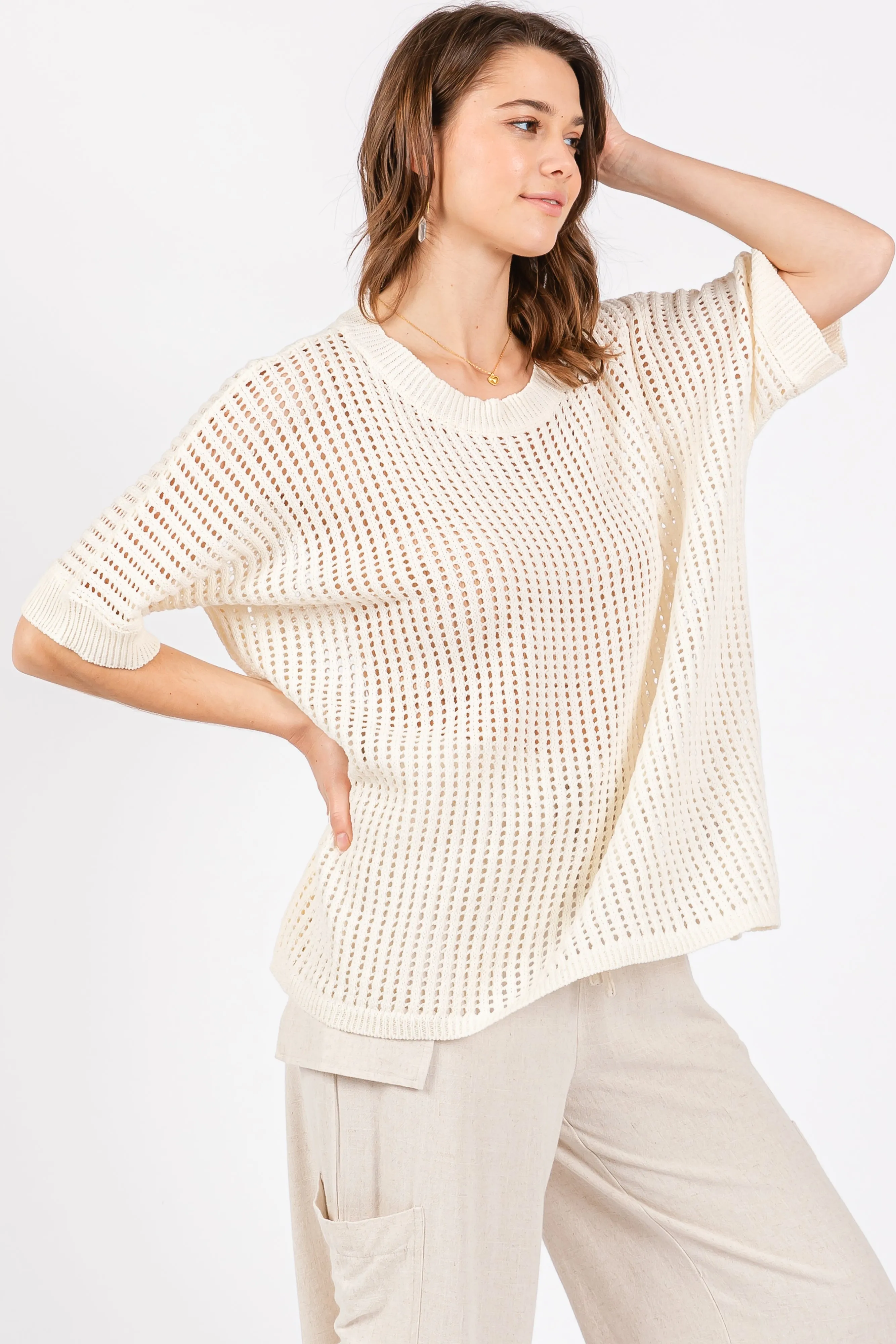 Cream Crochet Knit Short Dolman Sleeve Top sold by Pinkblush product image thumbnail 2