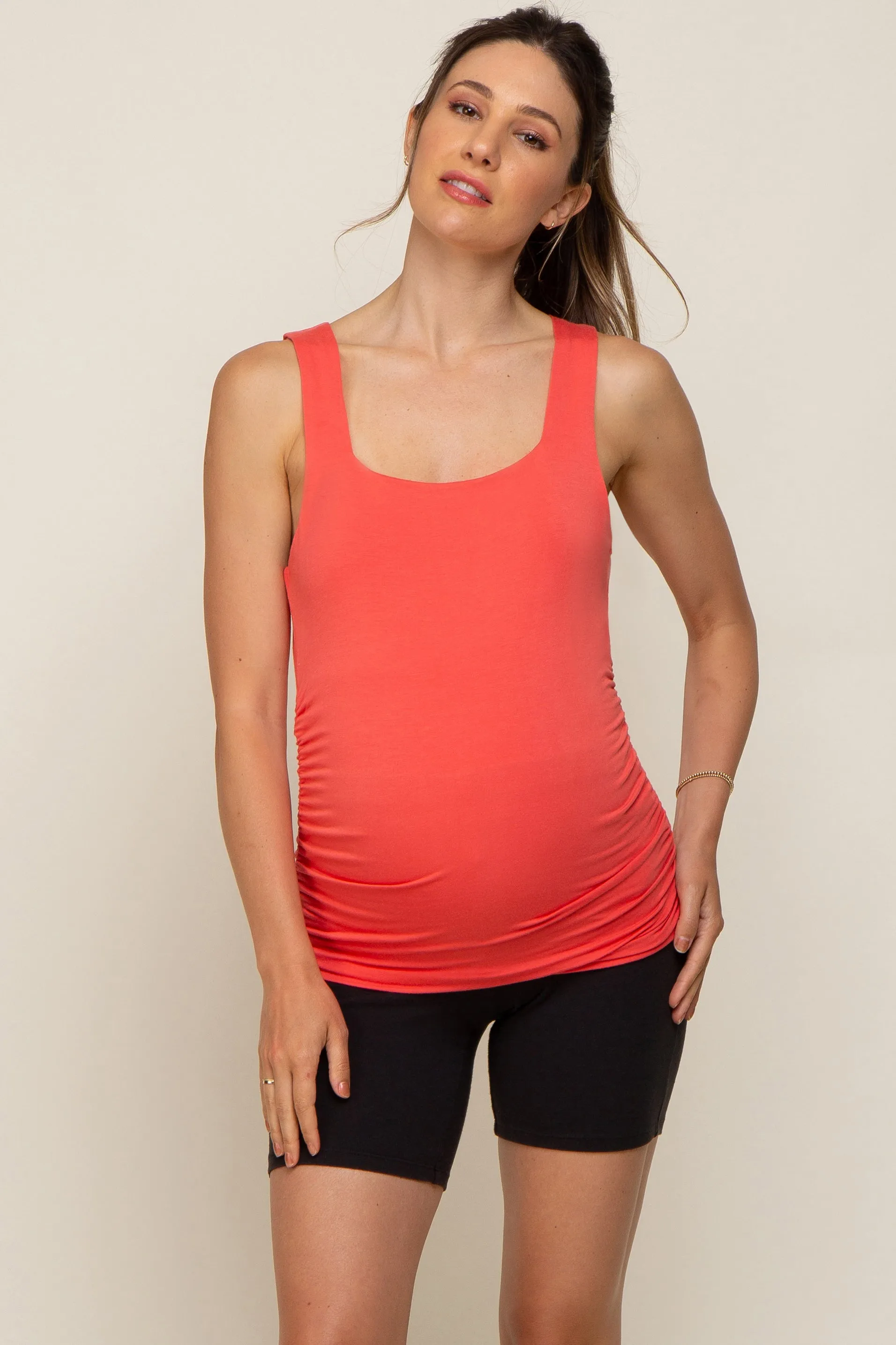 Coral Square Neck Ruched Sides Maternity Top sold by Pinkblush