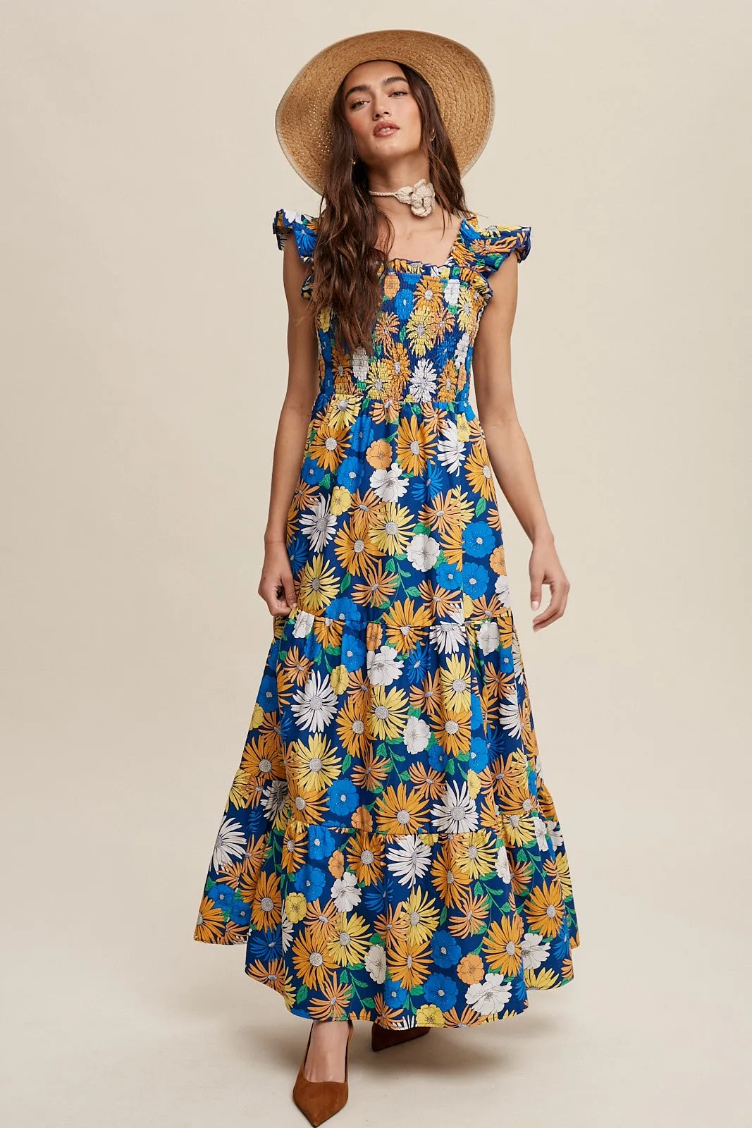 Blue Floral Smocked Tiered Maxi Dress sold by Pinkblush