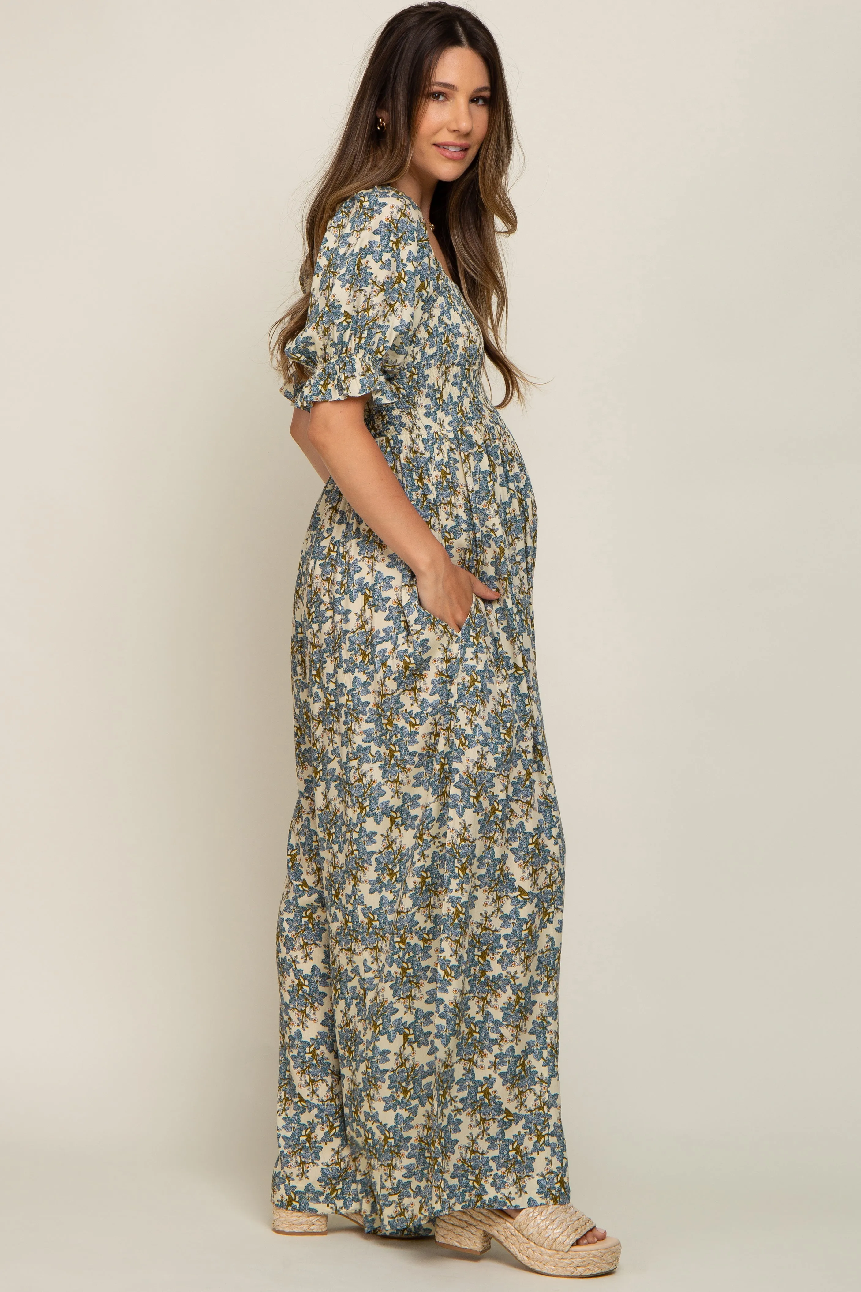 Cream Floral Smocked Maternity Jumpsuit sold by Pinkblush product image thumbnail 2