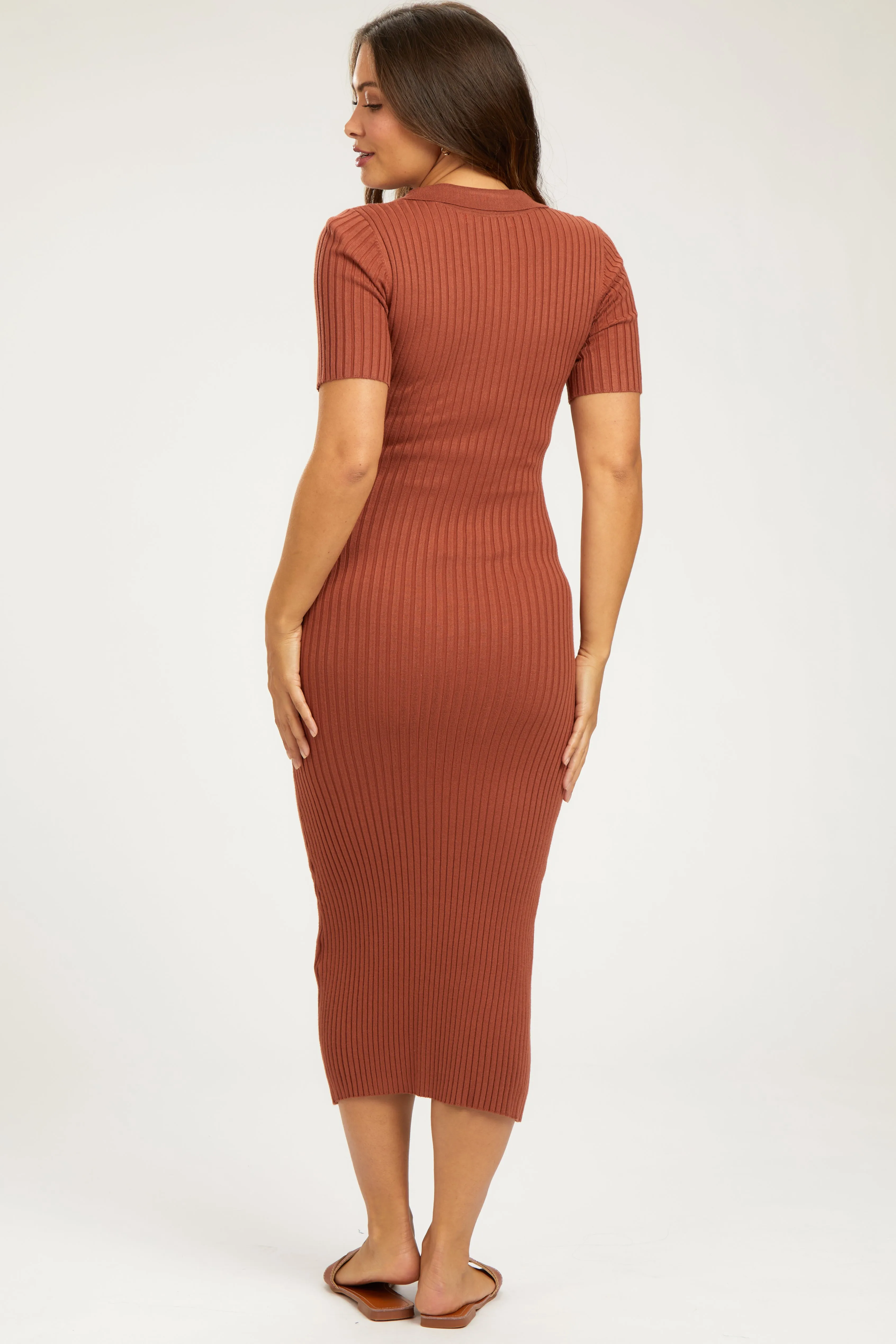 Rust Ribbed Collared V-Neck Maternity Midi Dress sold by Pinkblush product image thumbnail 2