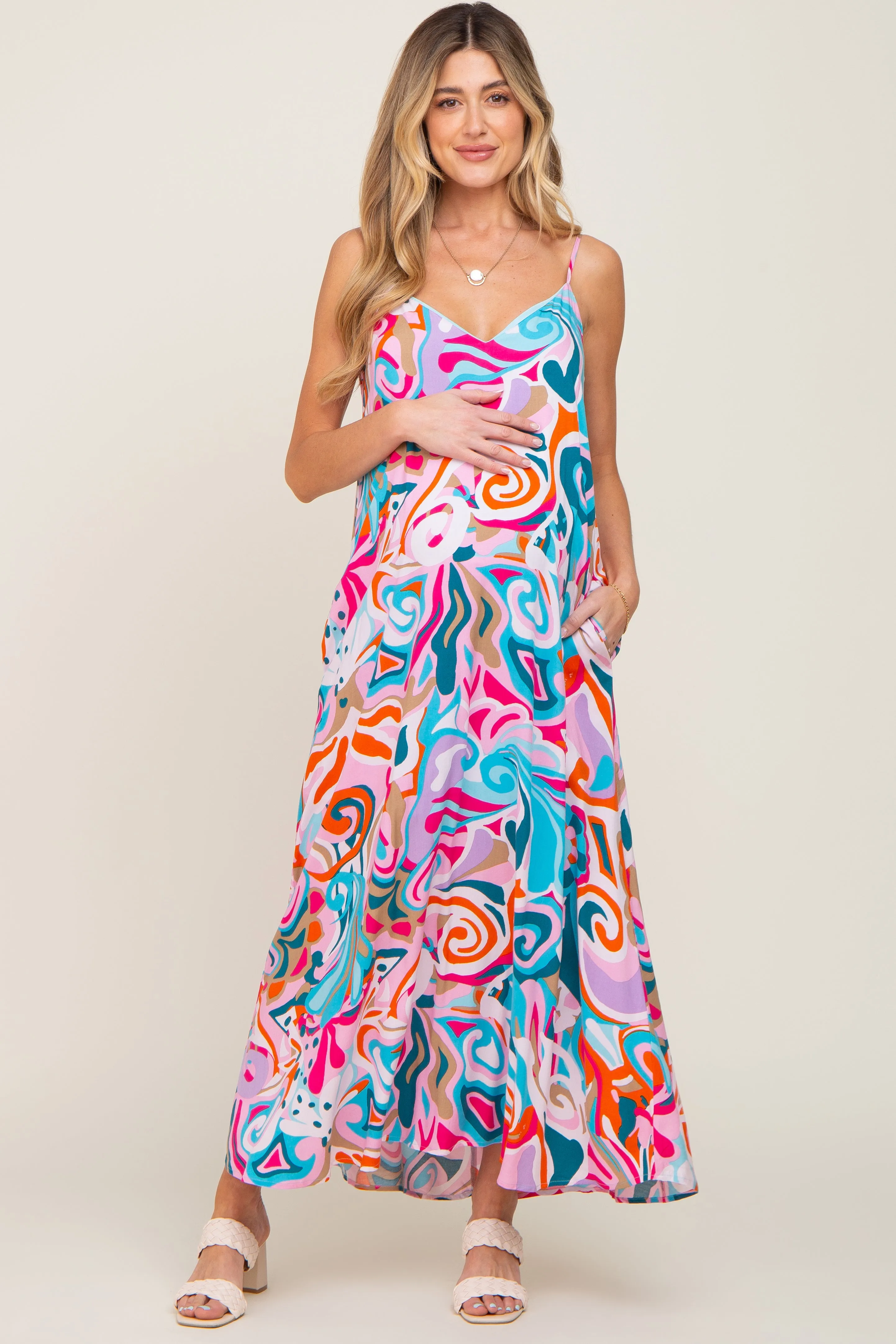 Multi-Color Sleeveless V-Neck Maternity Maxi Dress sold by Pinkblush