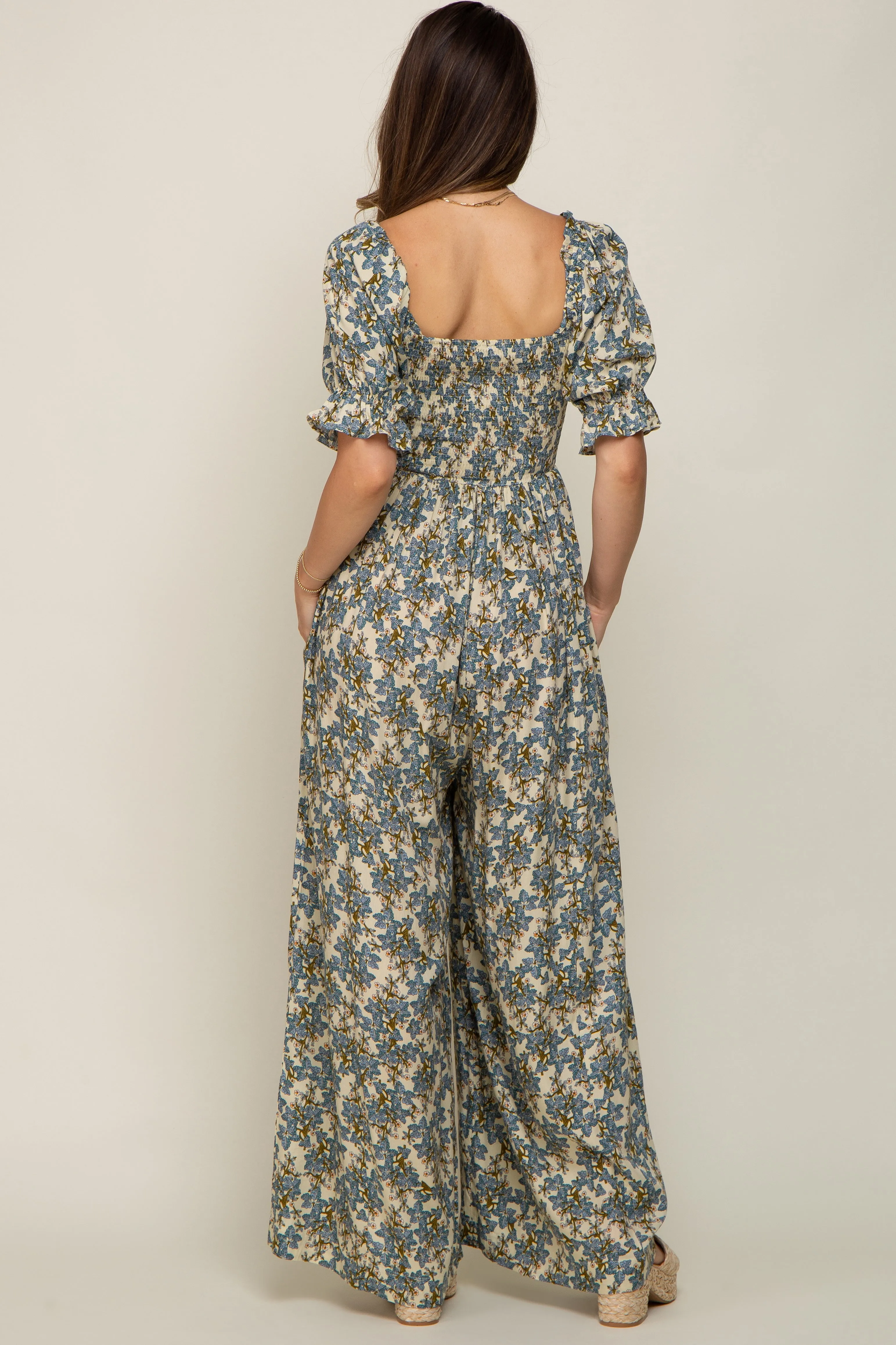 Cream Floral Smocked Maternity Jumpsuit sold by Pinkblush product image thumbnail 3