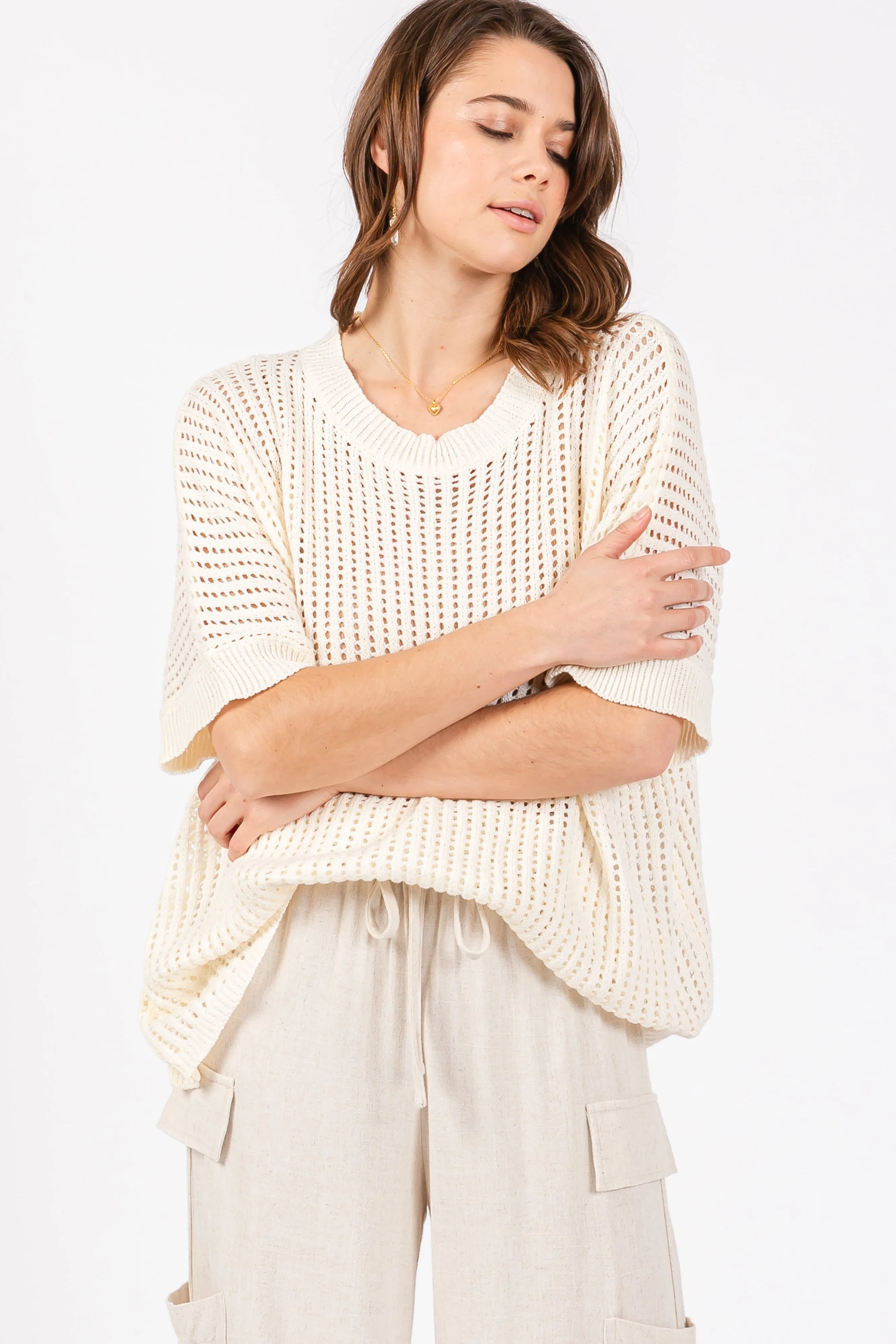 Cream Crochet Knit Short Dolman Sleeve Top sold by Pinkblush product image thumbnail 4