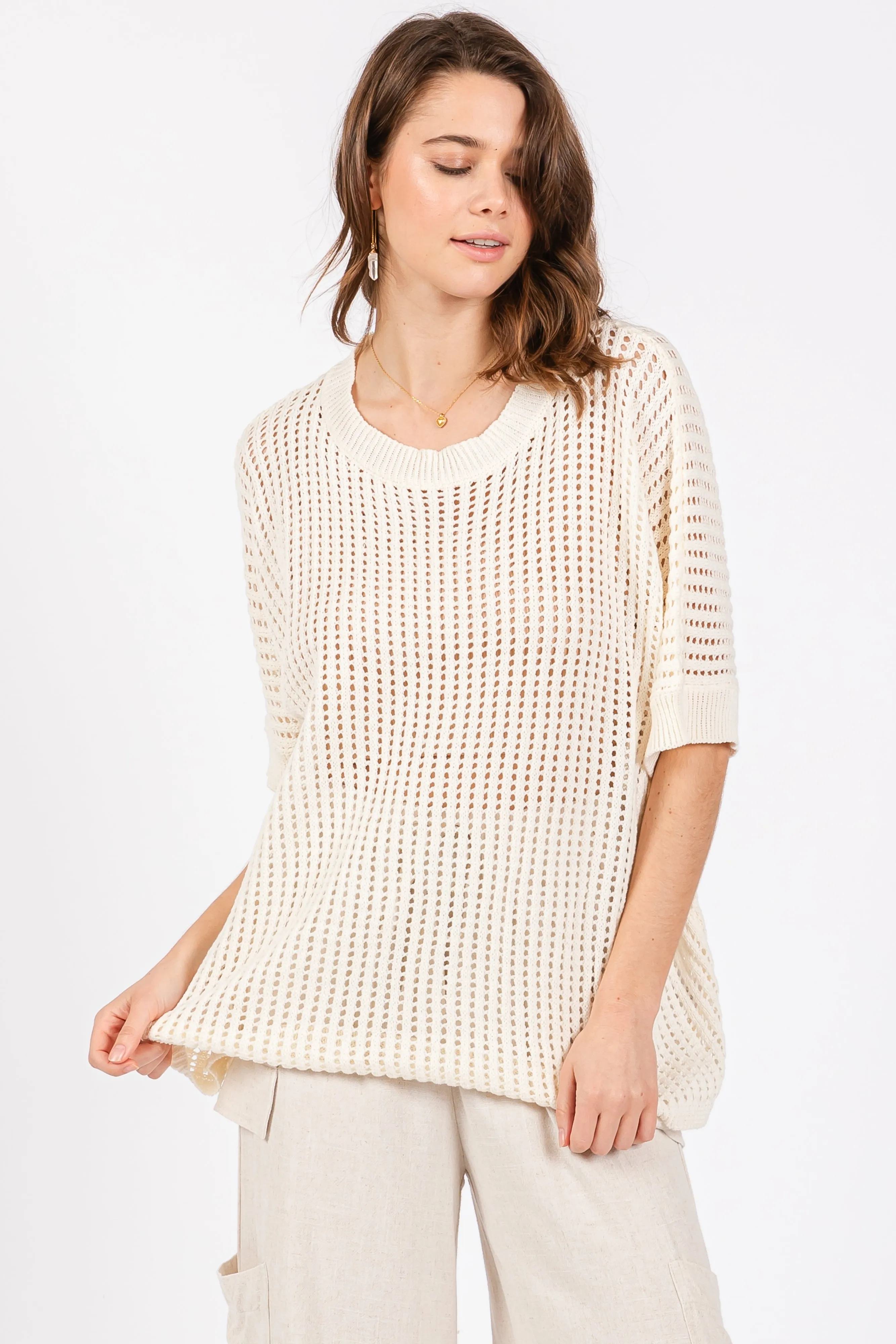 Cream Crochet Knit Short Dolman Sleeve Top sold by Pinkblush