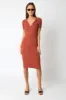 Rust Ribbed Collared V-Neck Maternity Midi Dress sold by Pinkblush